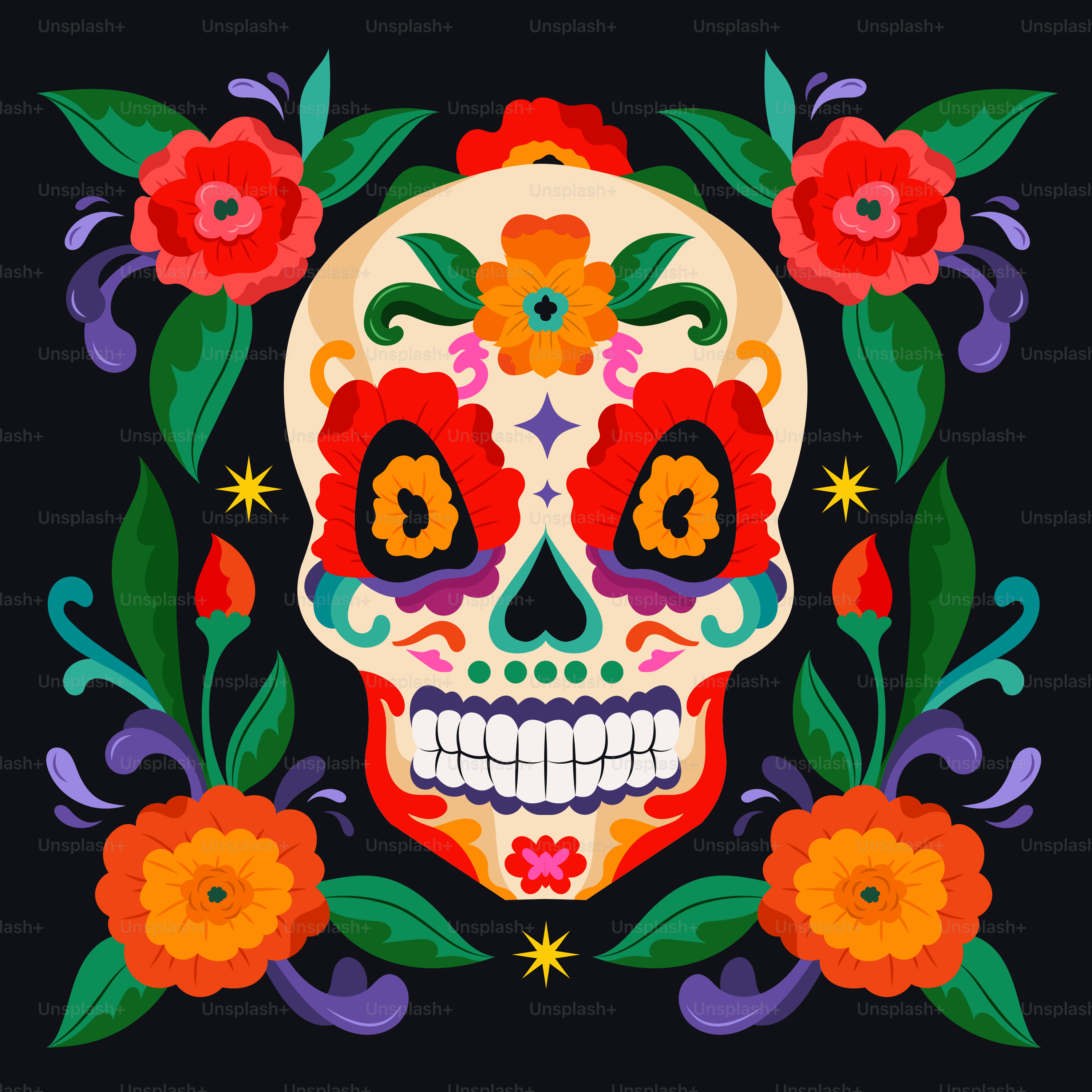 A colorful sugar skull decorated with flowers and leaves.