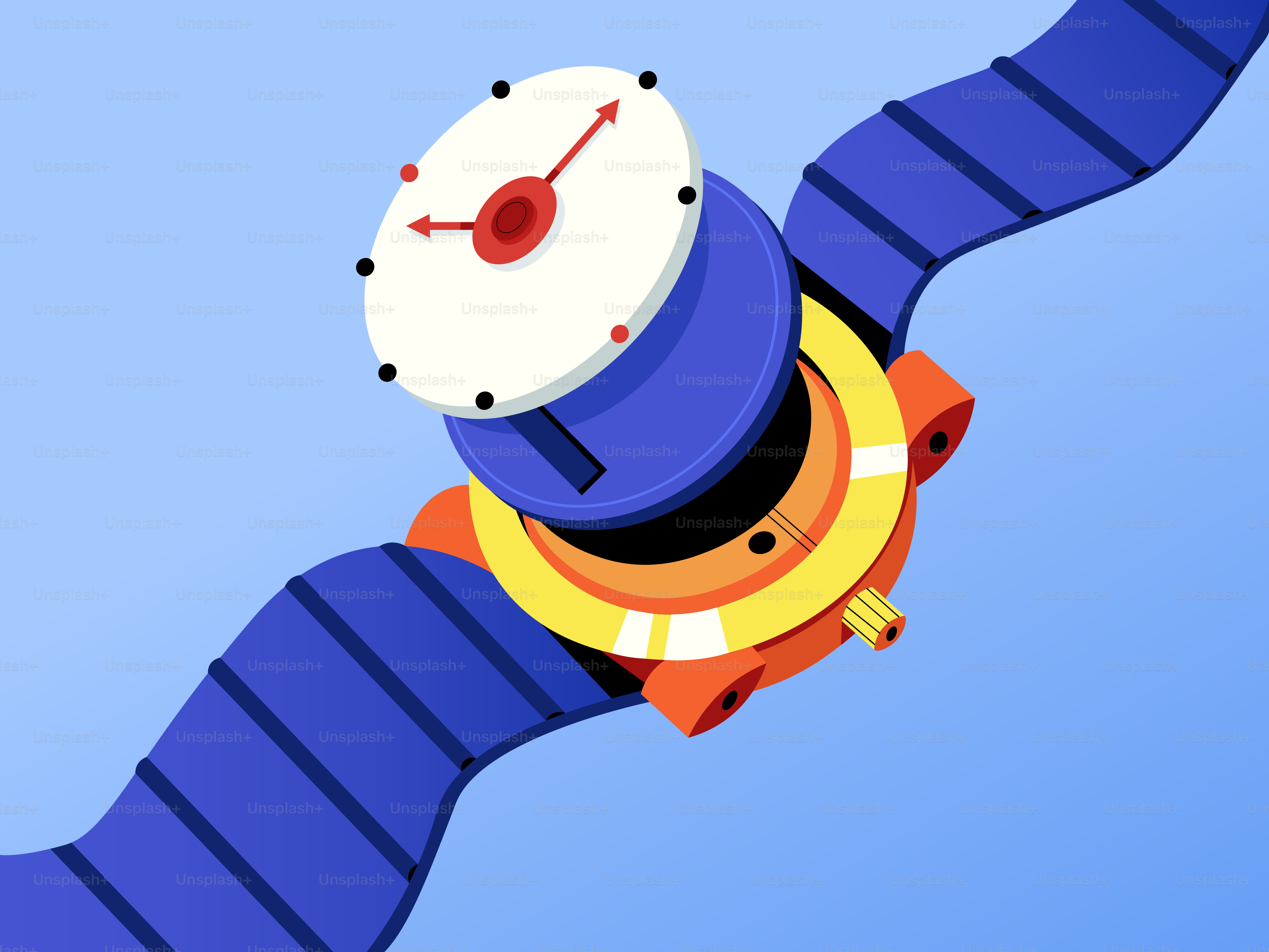 Vista explodida de um relógio colorido contra o céu azul