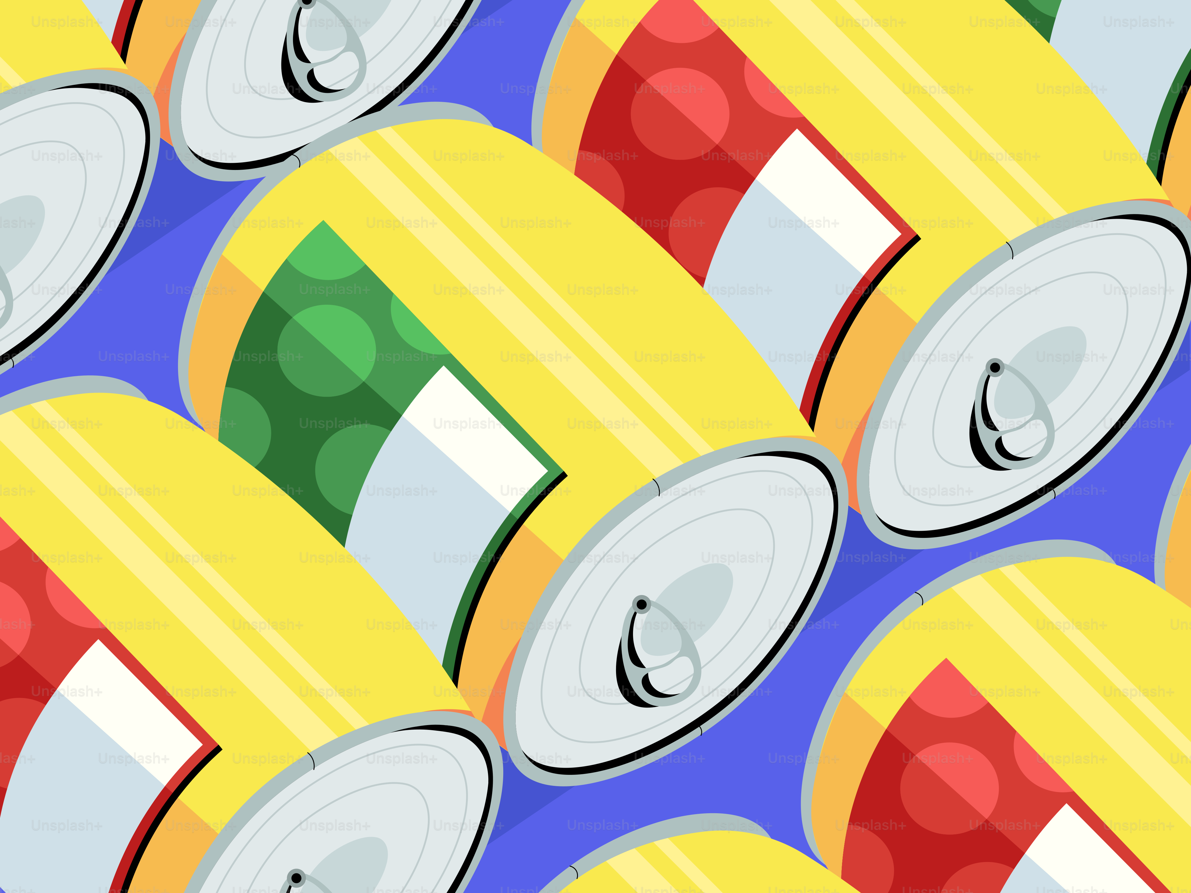 Latas de refresco amarillas con etiquetas rojas y verdes.