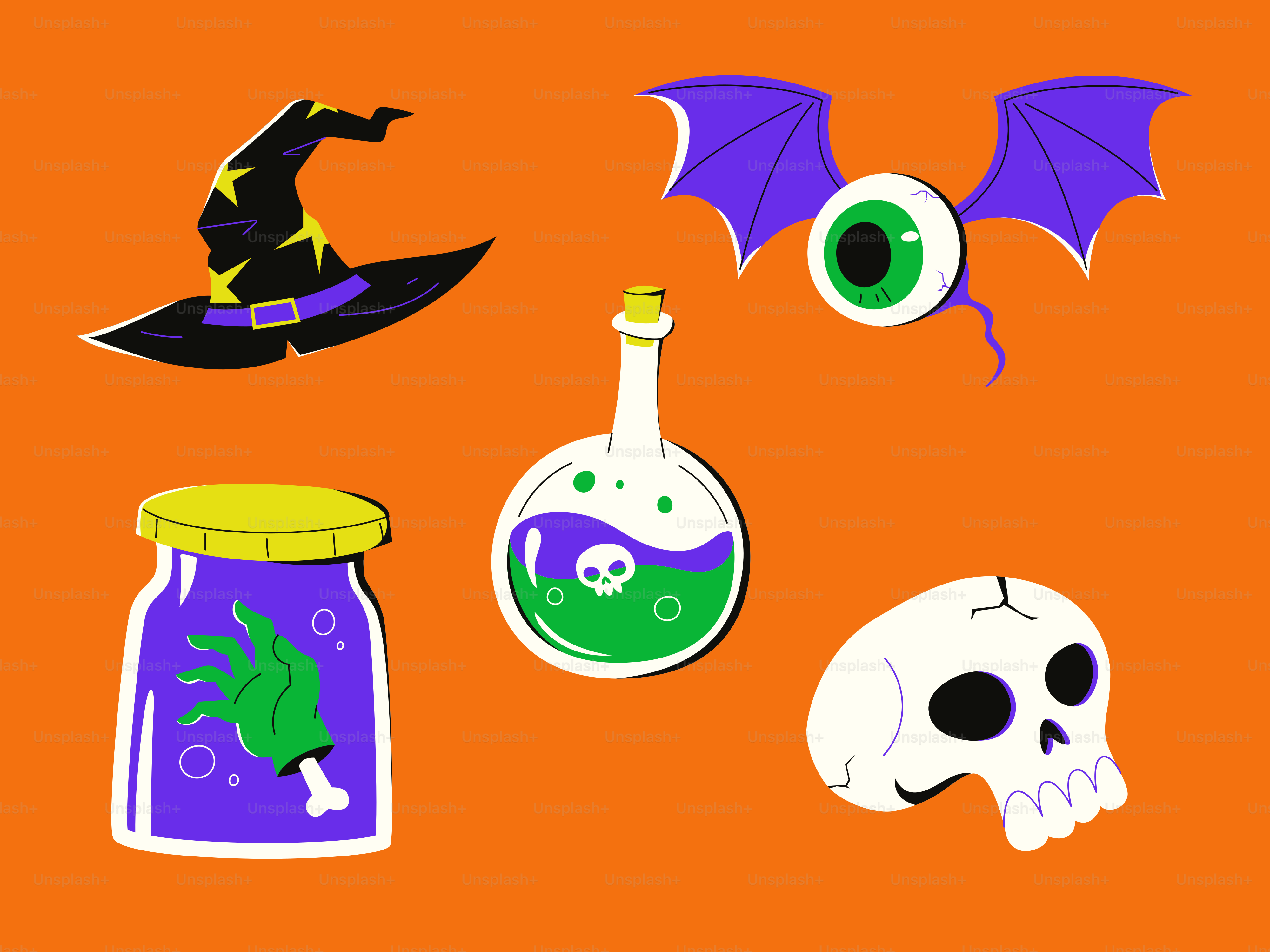 Halloween-Symbole: Hexenhut, Trank, Augapfel, Hand, Totenkopf