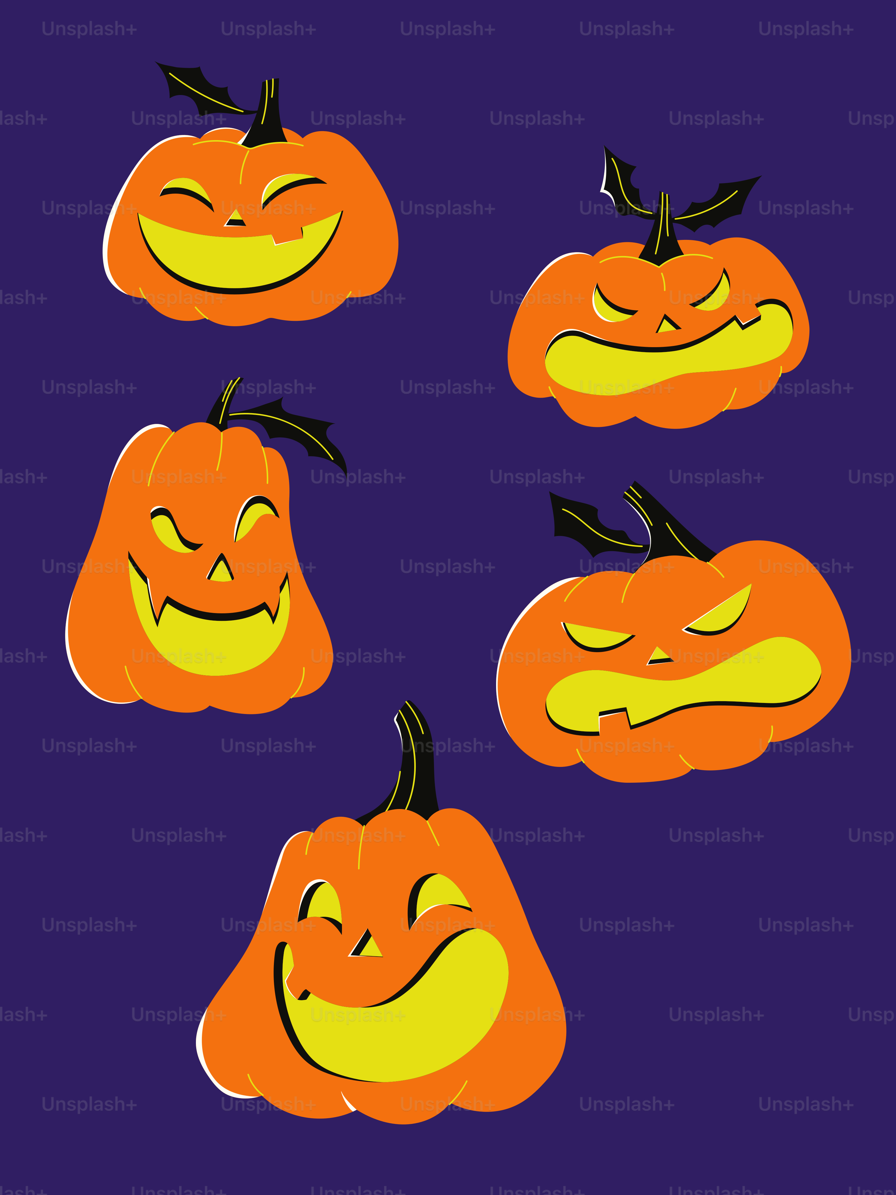 Five carved pumpkins with different expressions on purple background