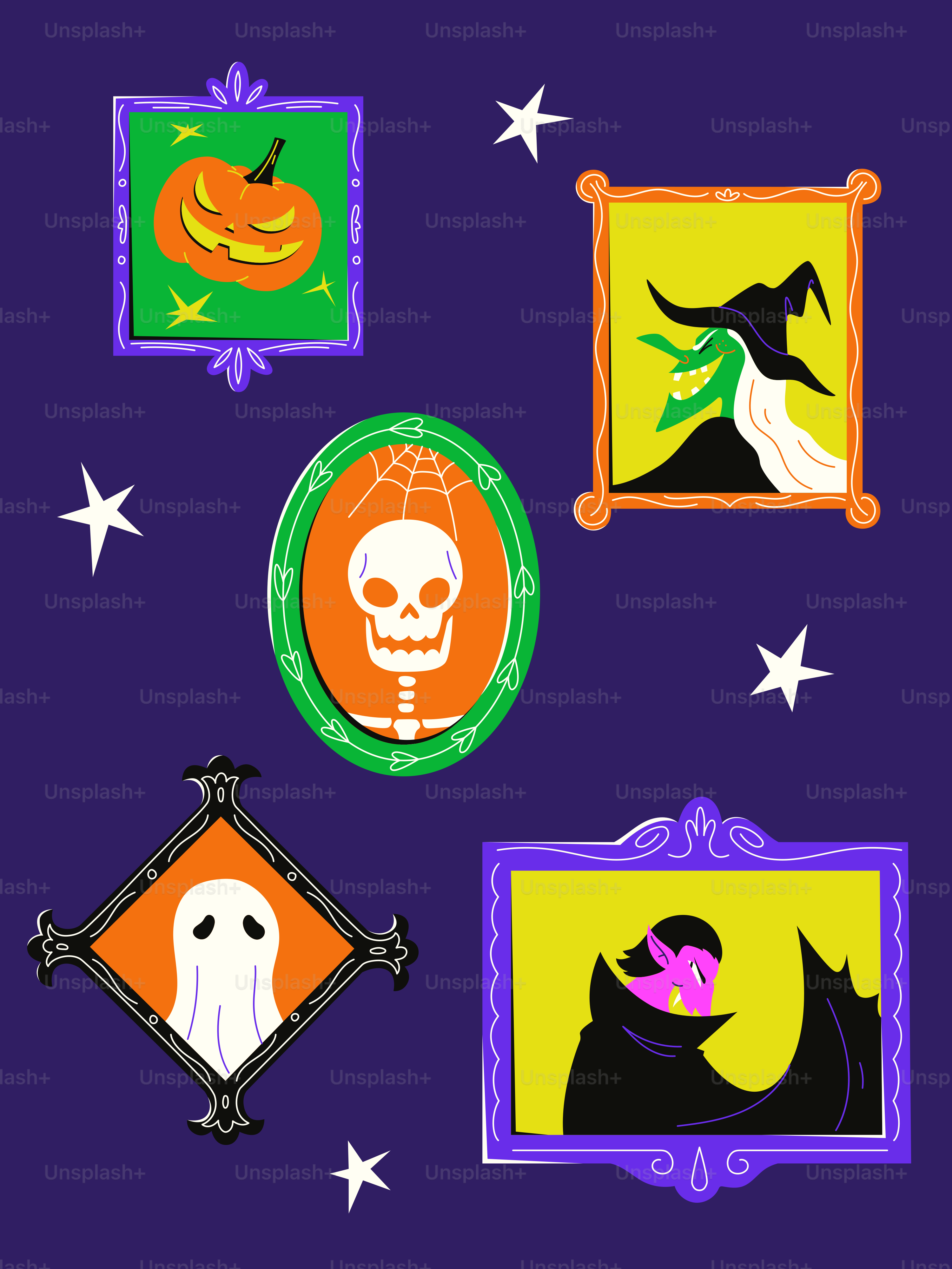 Halloween-Porträts eines Kürbisses, einer Hexe, eines Skeletts, eines Geistes und eines Vampirs.