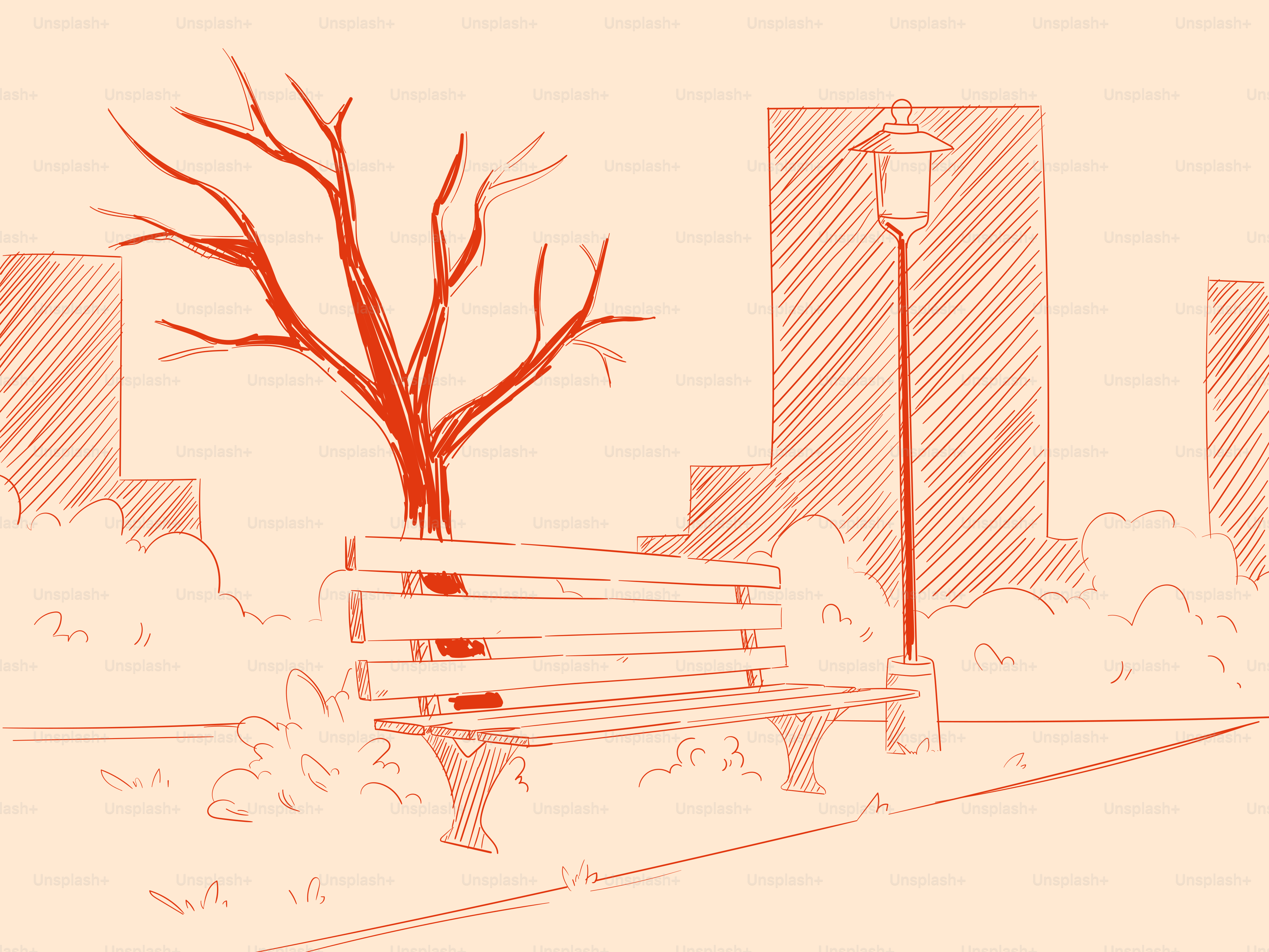 Park bench and bare tree with buildings behind