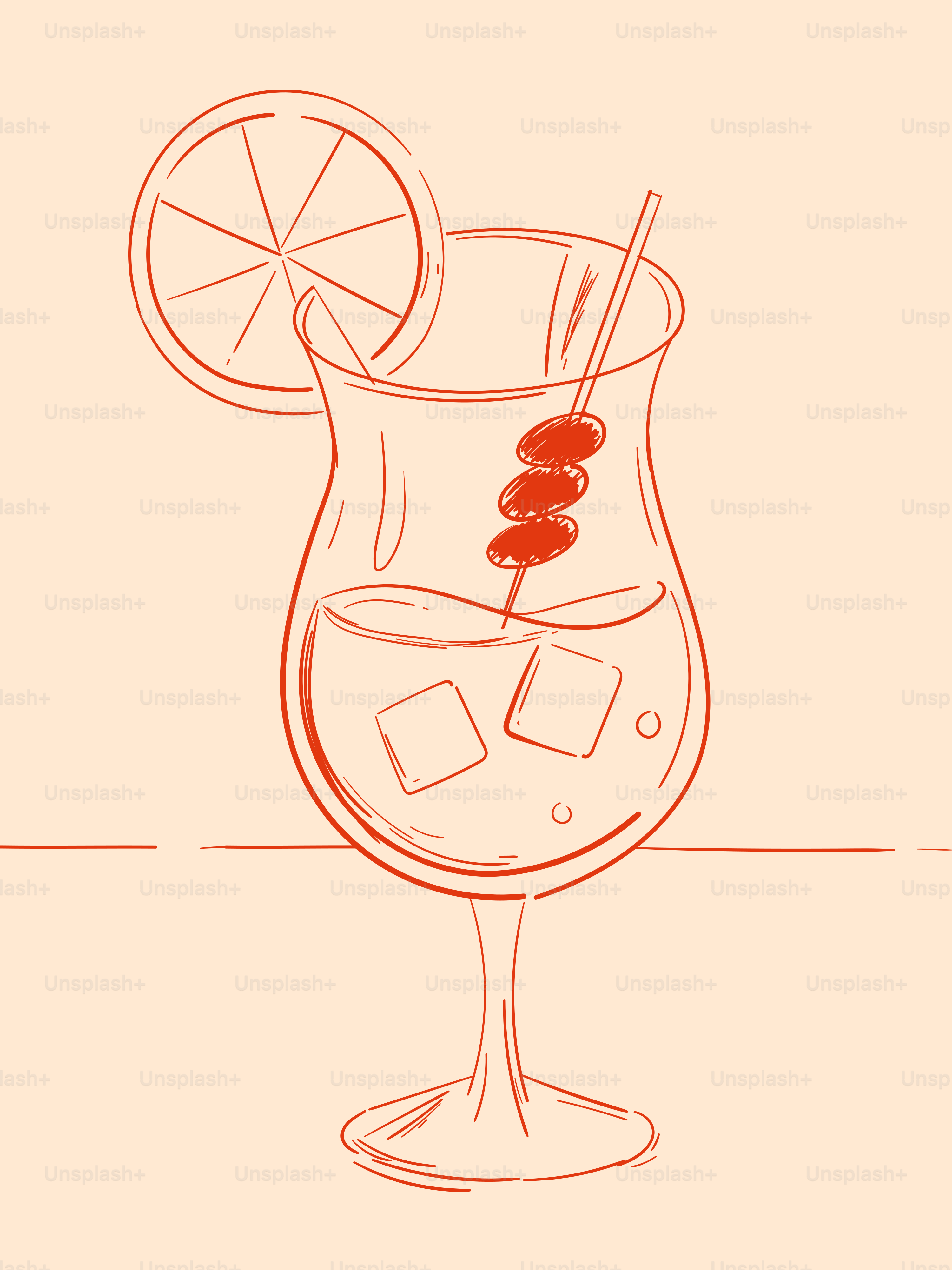 A sketch of a cocktail with ice and cherries.