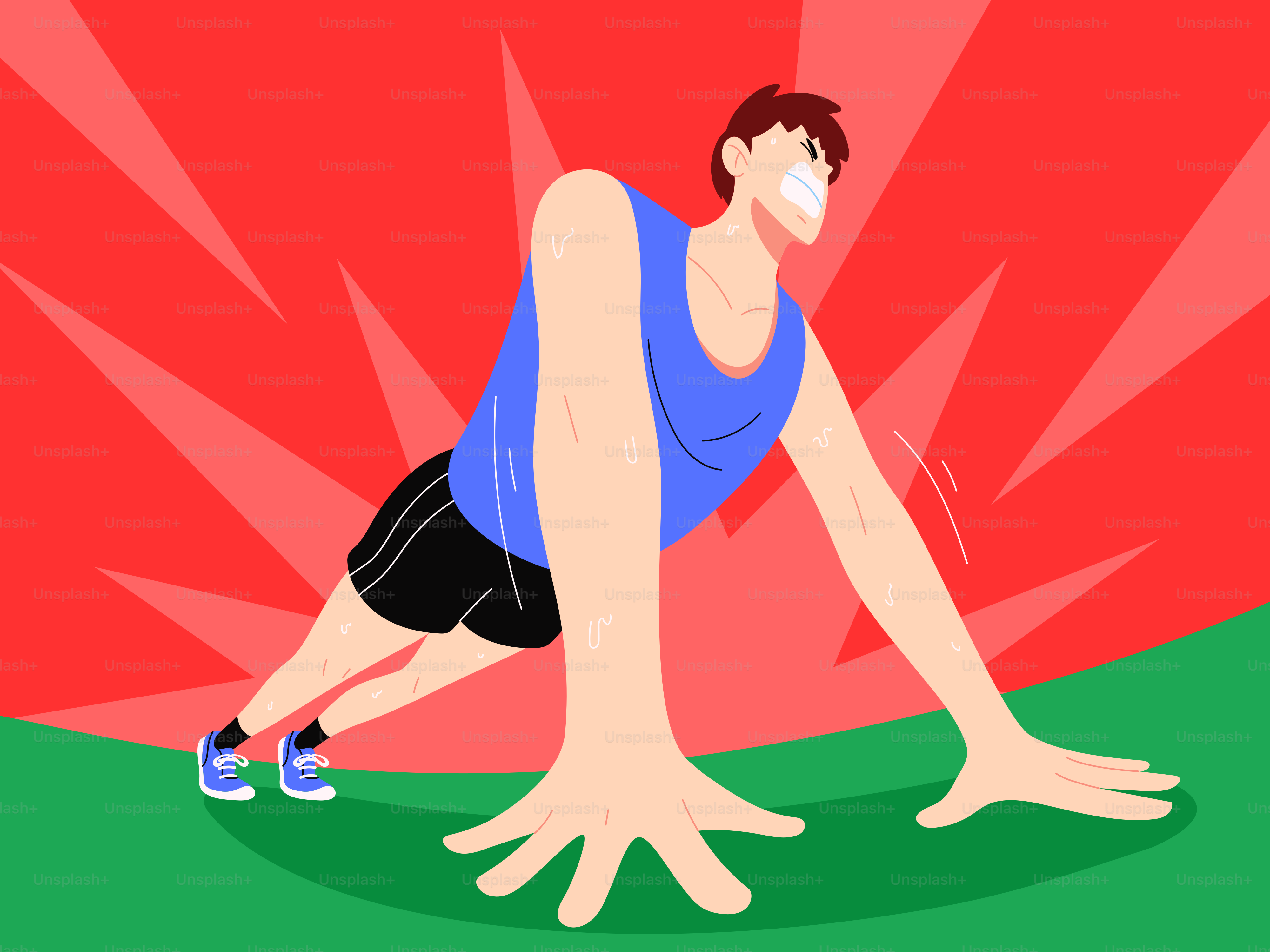 Homem fazendo flexões em fundo vermelho e verde