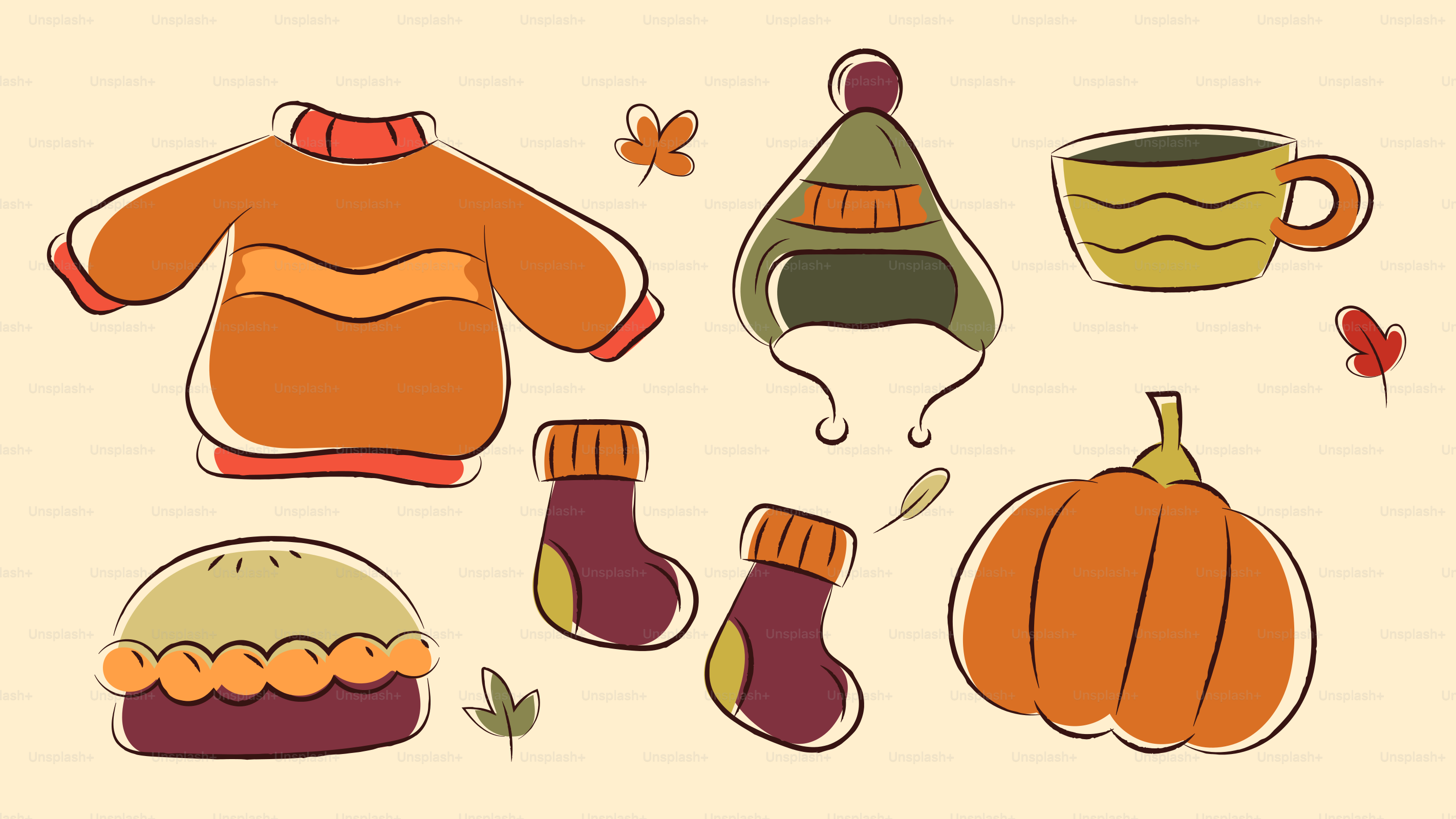Pull d’automne, chapeau, chaussettes, tarte, citrouille et tasse.