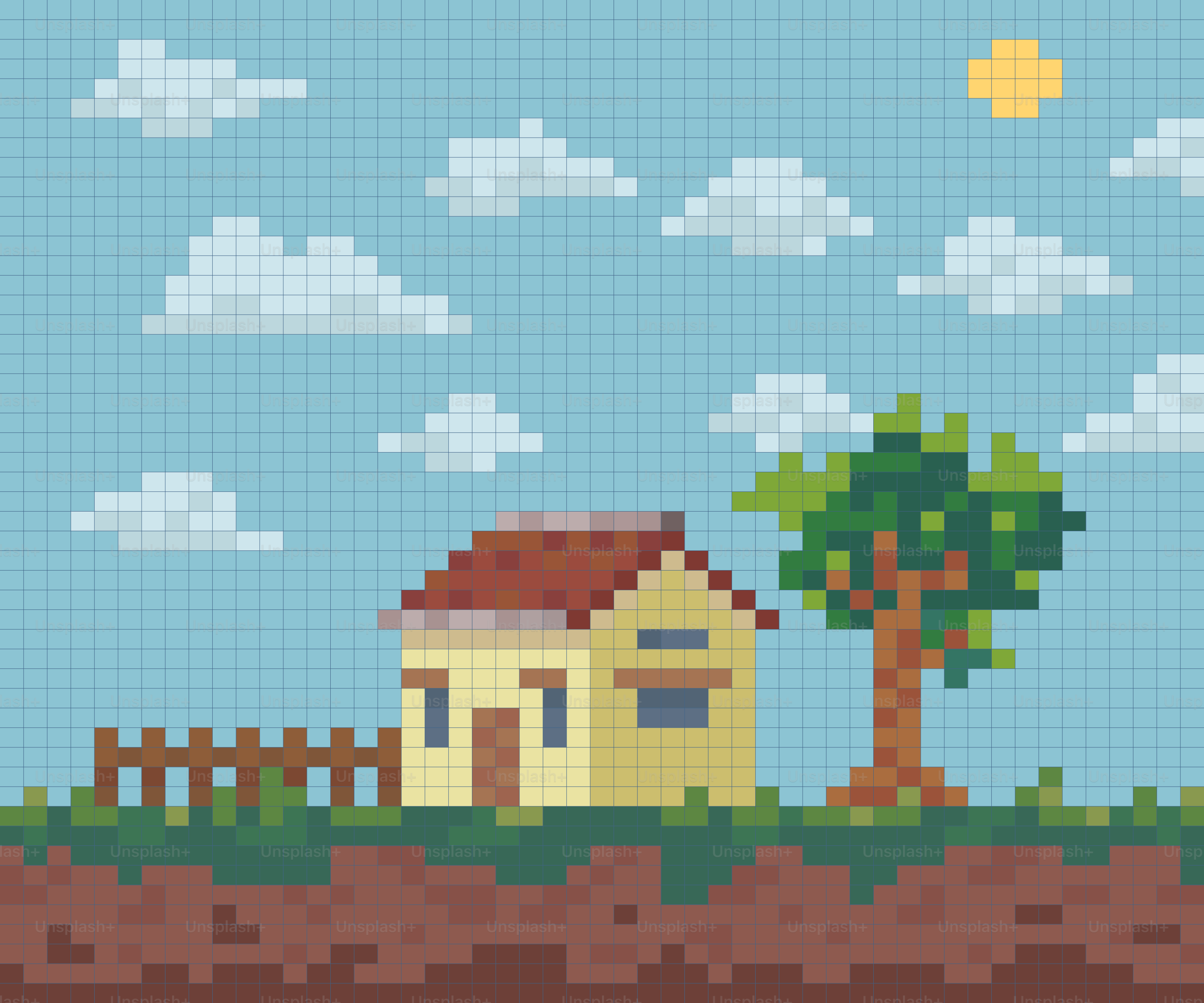 Casa de pixel art con árbol bajo un cielo nublado vector – Imagen de Fondo  de pantalla en Unsplash, image size:3000x2500