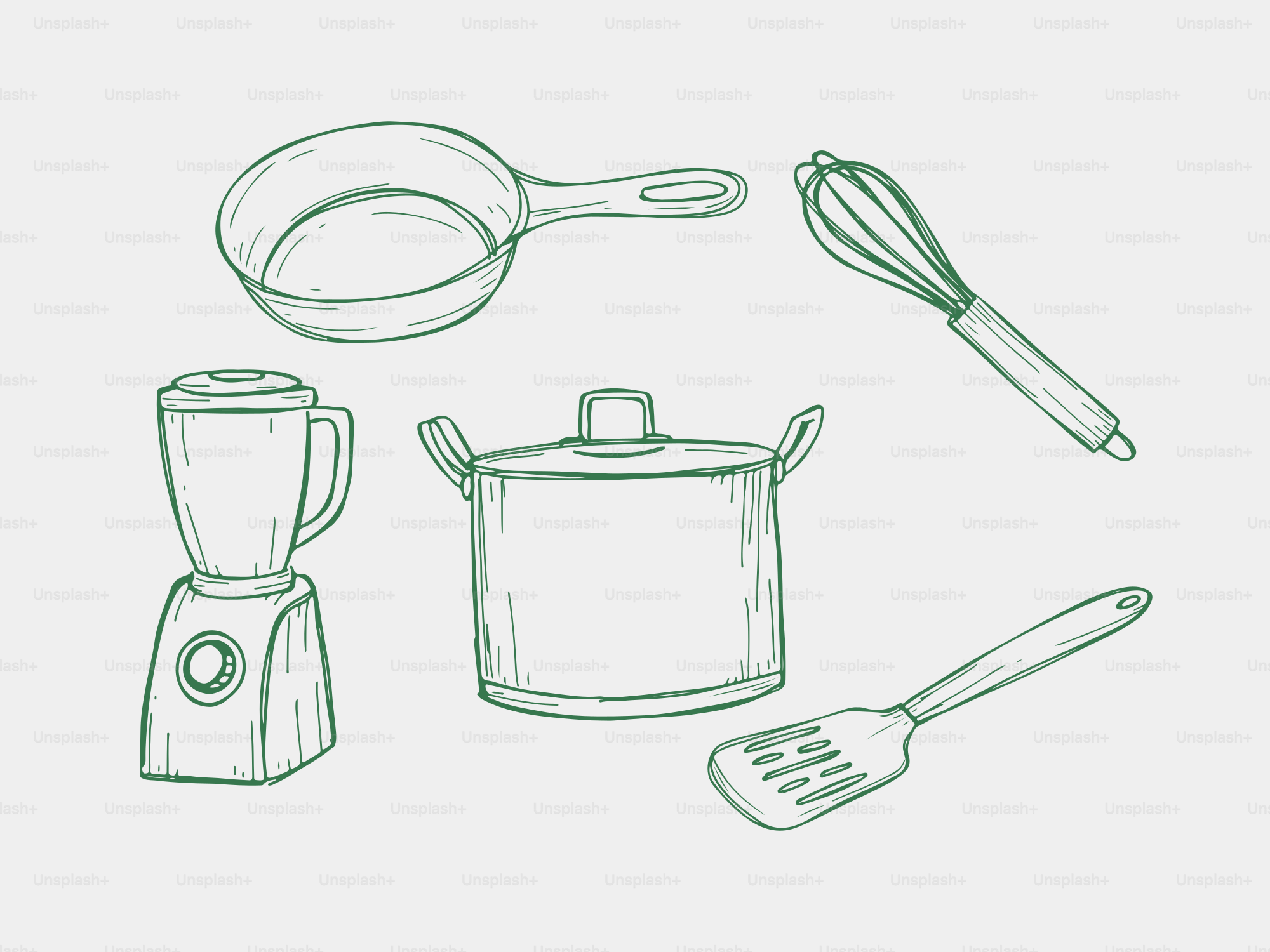 Ustensiles de cuisine, y compris mixeur, casserole, poêle, fouet et spatule.