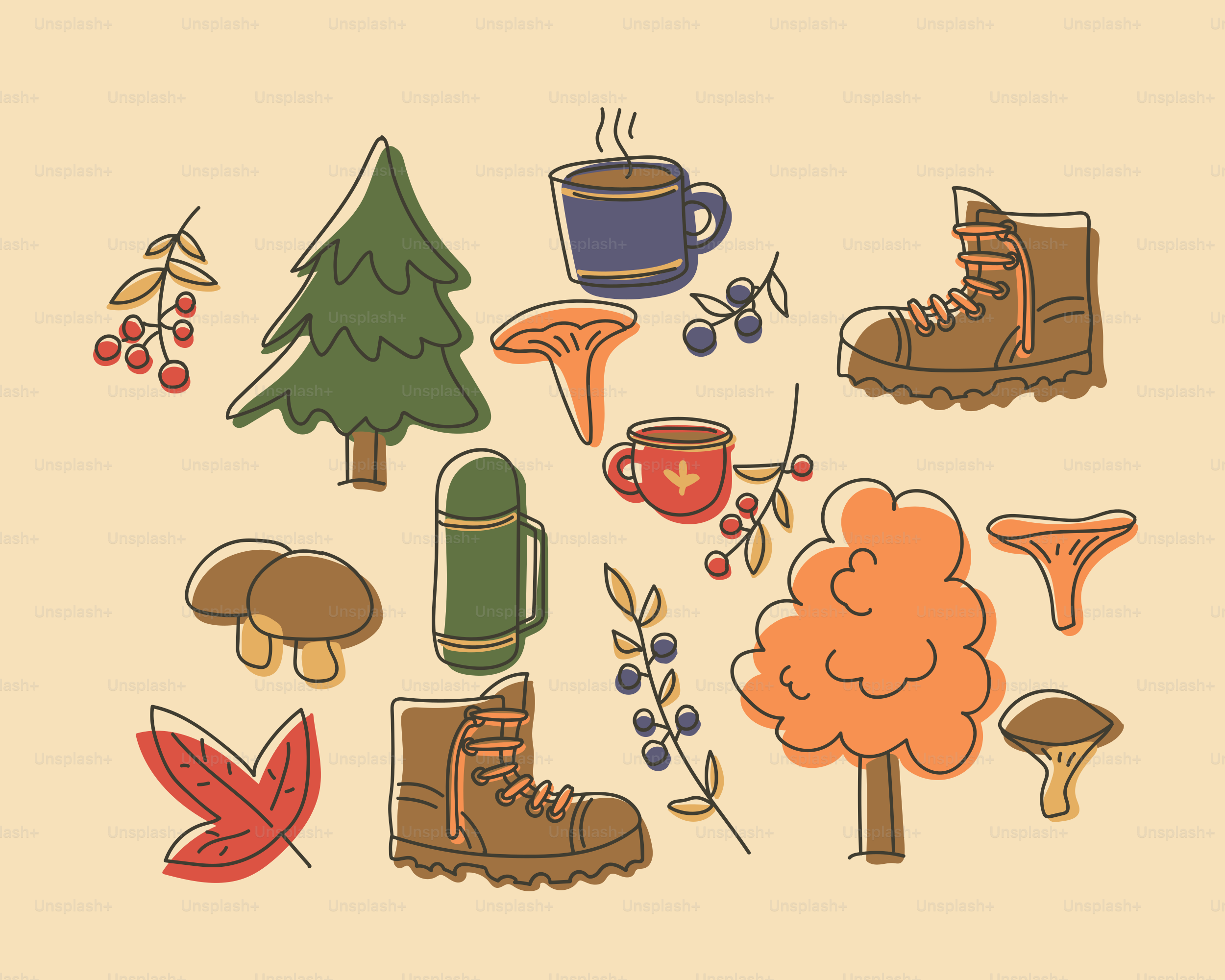 Elementos del bosque otoñal con botas y bebidas calientes