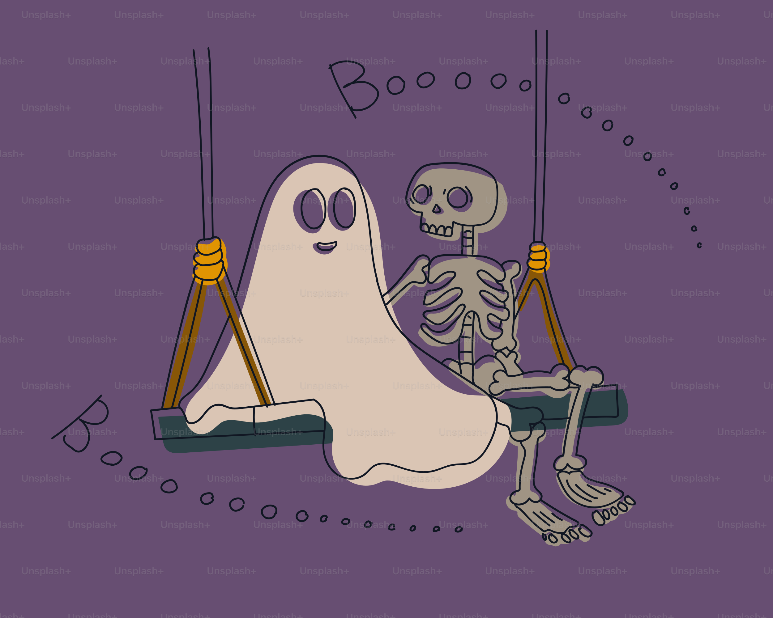 Ghost and skeleton swinging together on a swing.