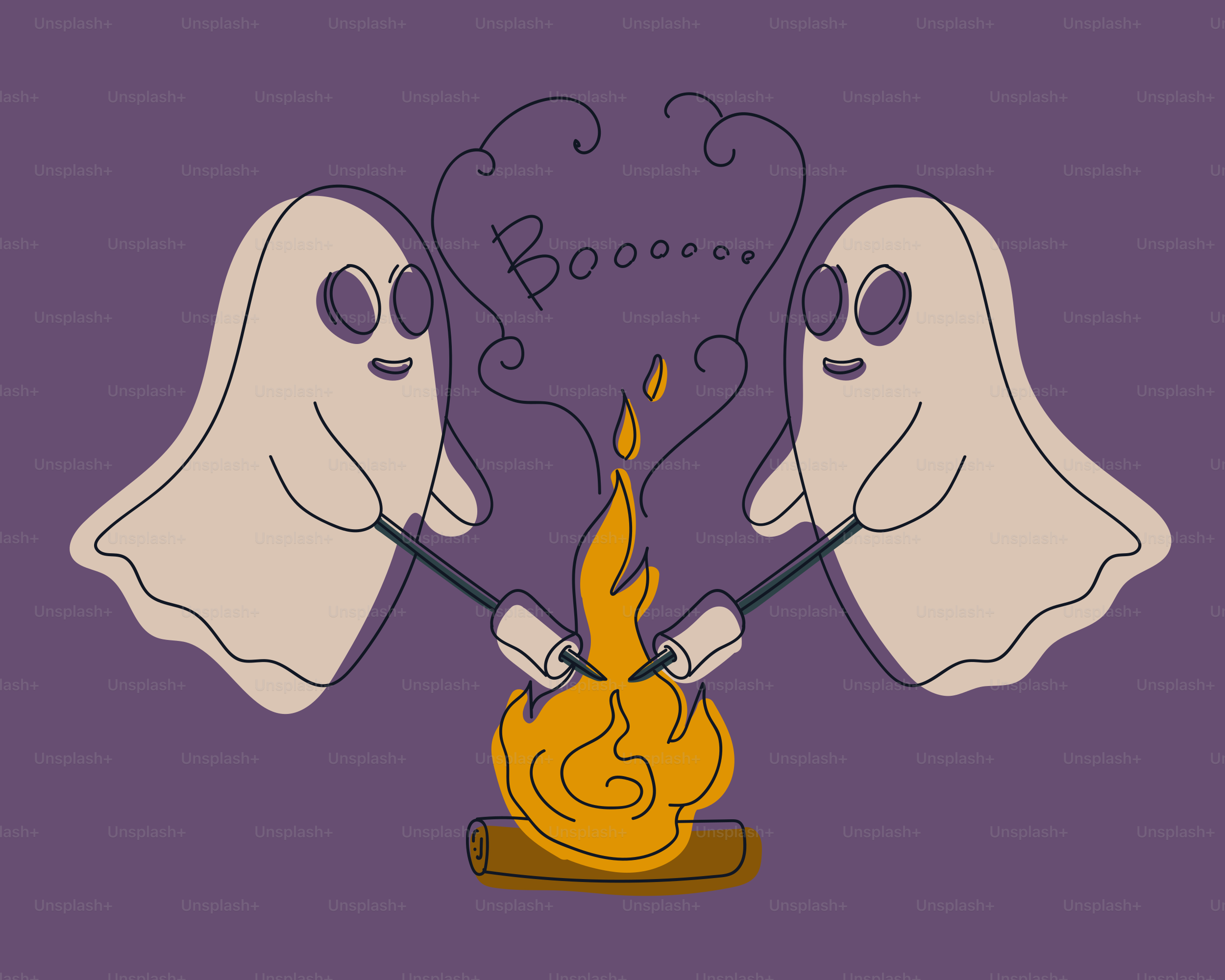 Two ghosts roasting marshmallows over a campfire.