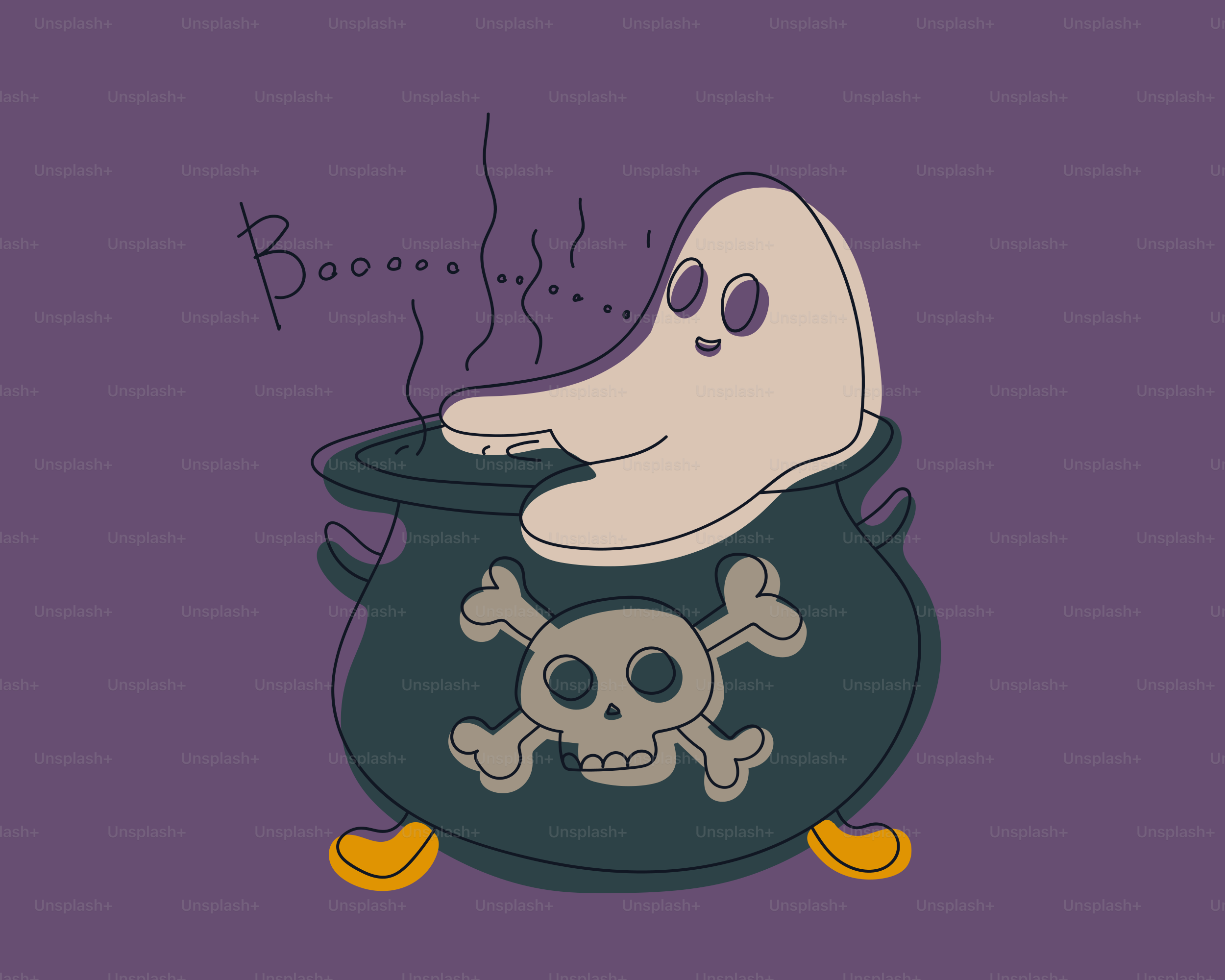 A cartoon ghost peeking from a cauldron with skull