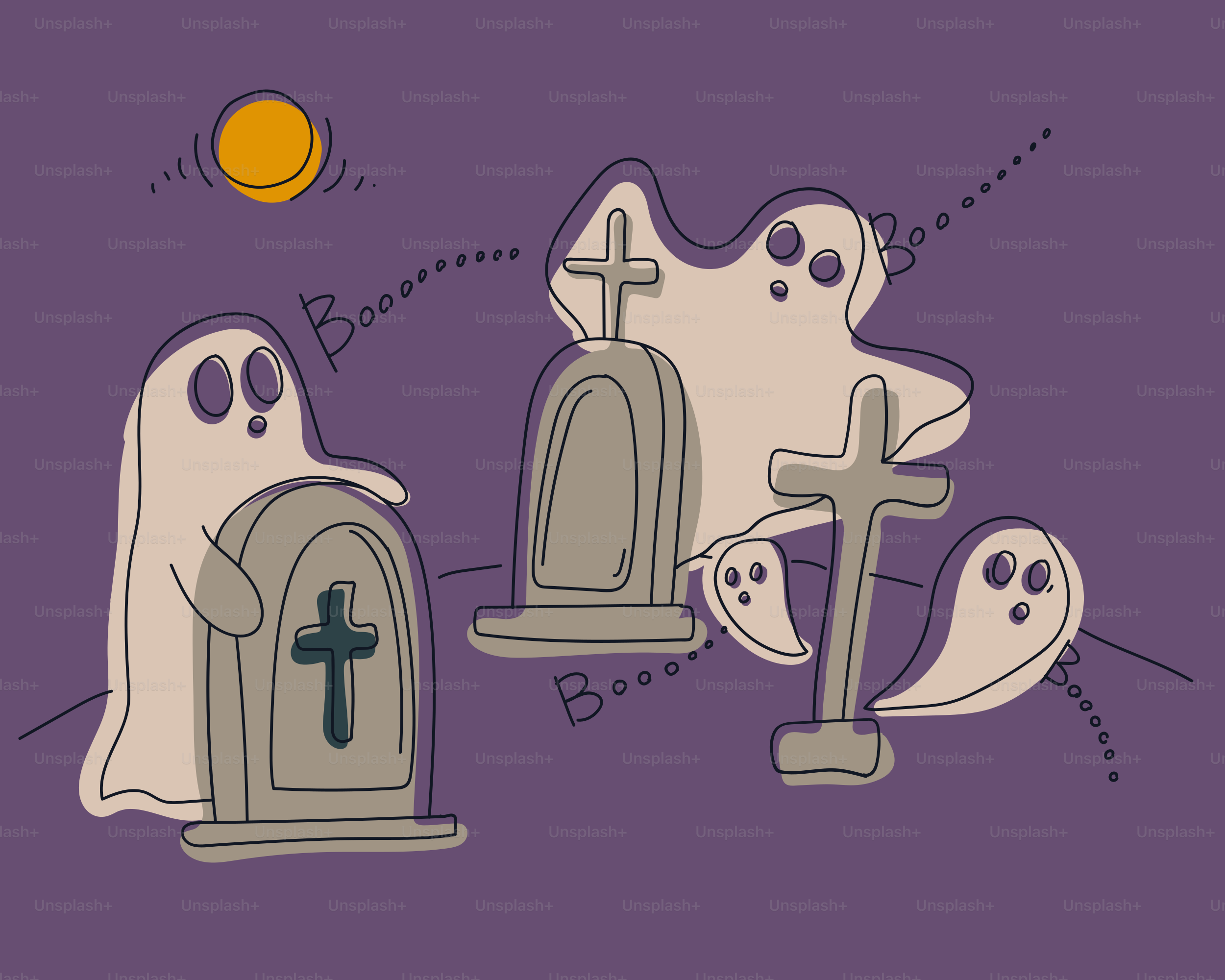 Ghosts and tombstones on a purple background