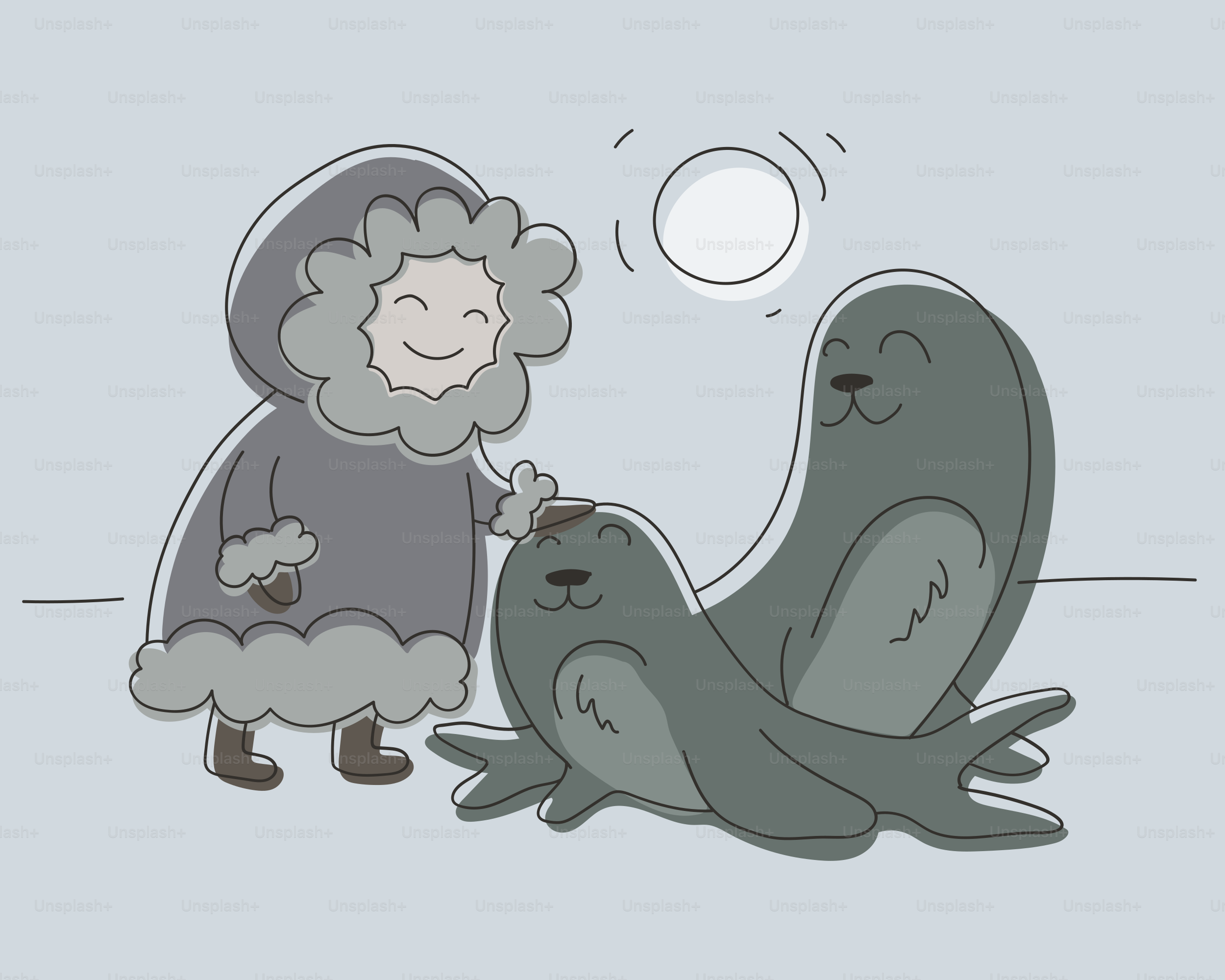 Child in parka pets two seals under a bright sun.