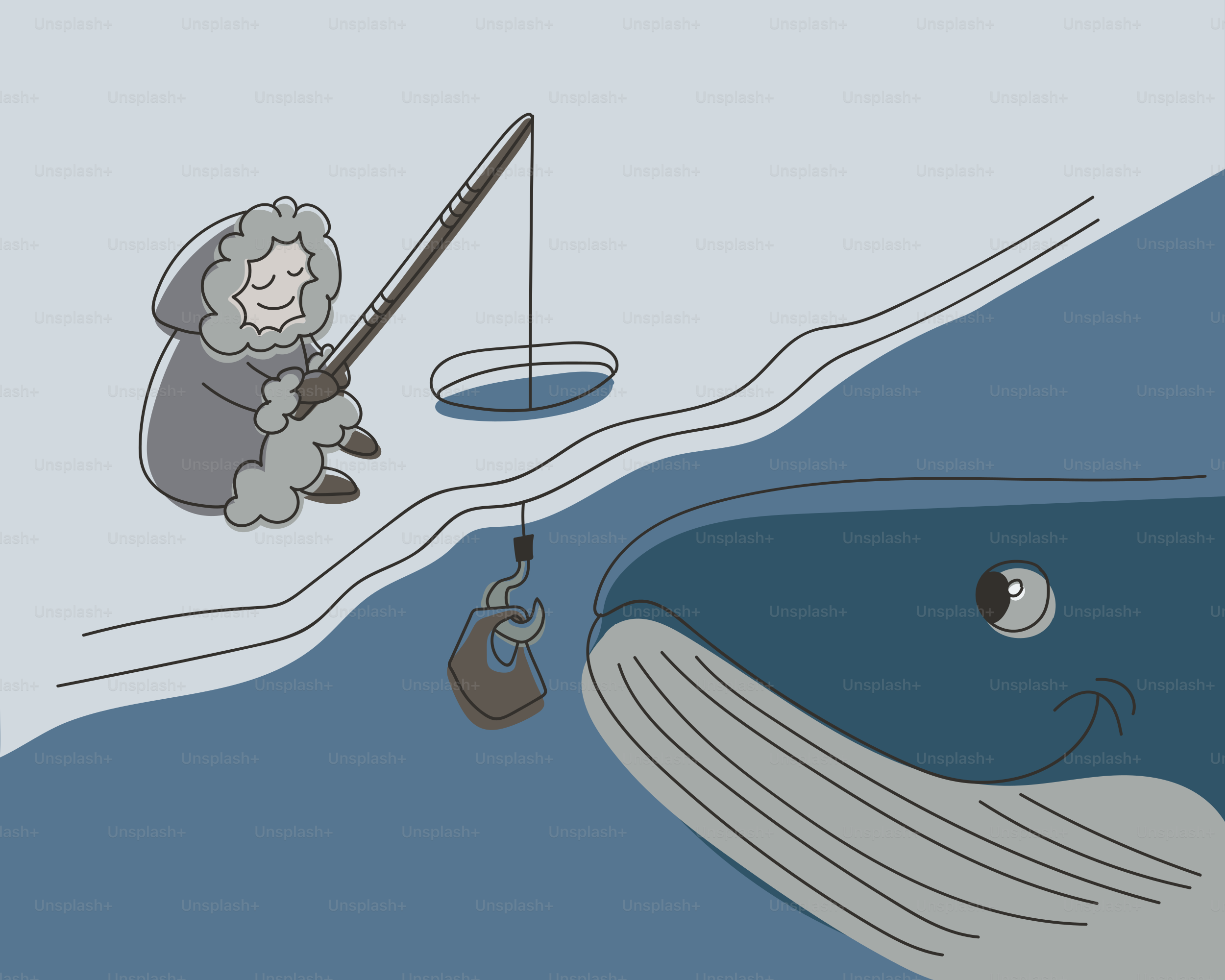 Person ice fishing with a whale approaching the bait.