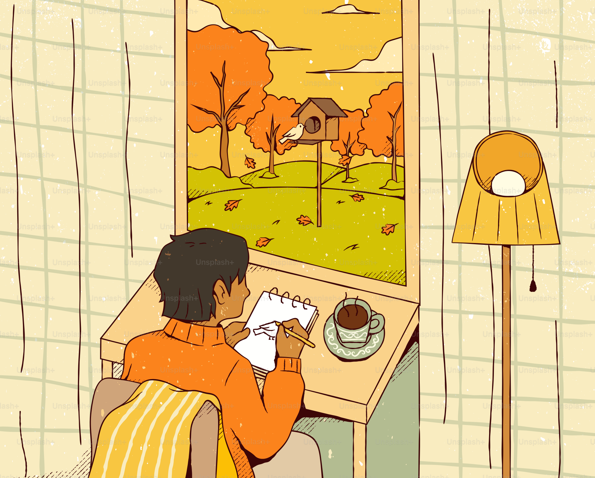 Person drawing at desk with autumn view