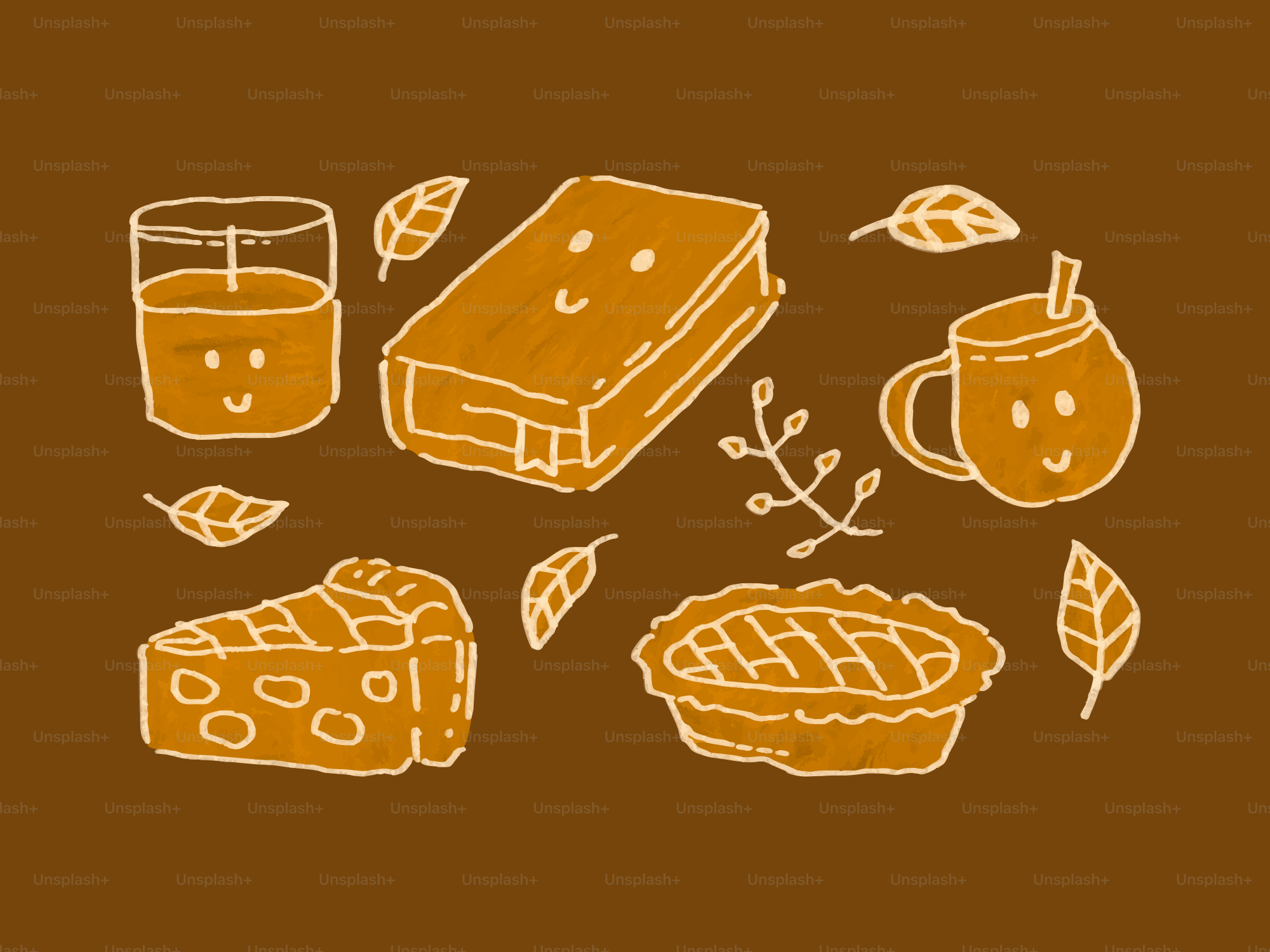 갈색 배경에 웃는 얼굴이 그려진 귀여운 가을 간식들