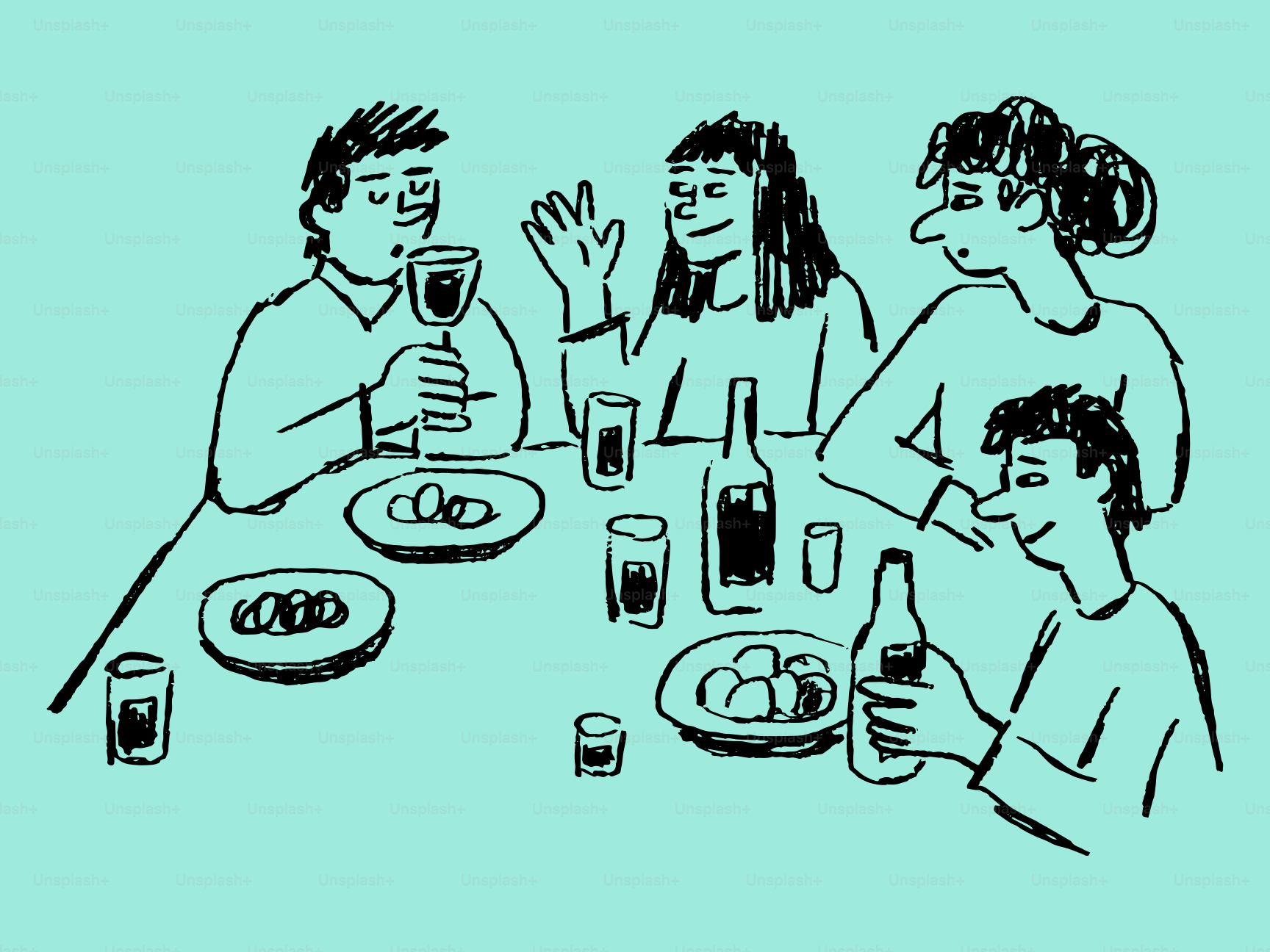 Four people gathered around a table with drinks.