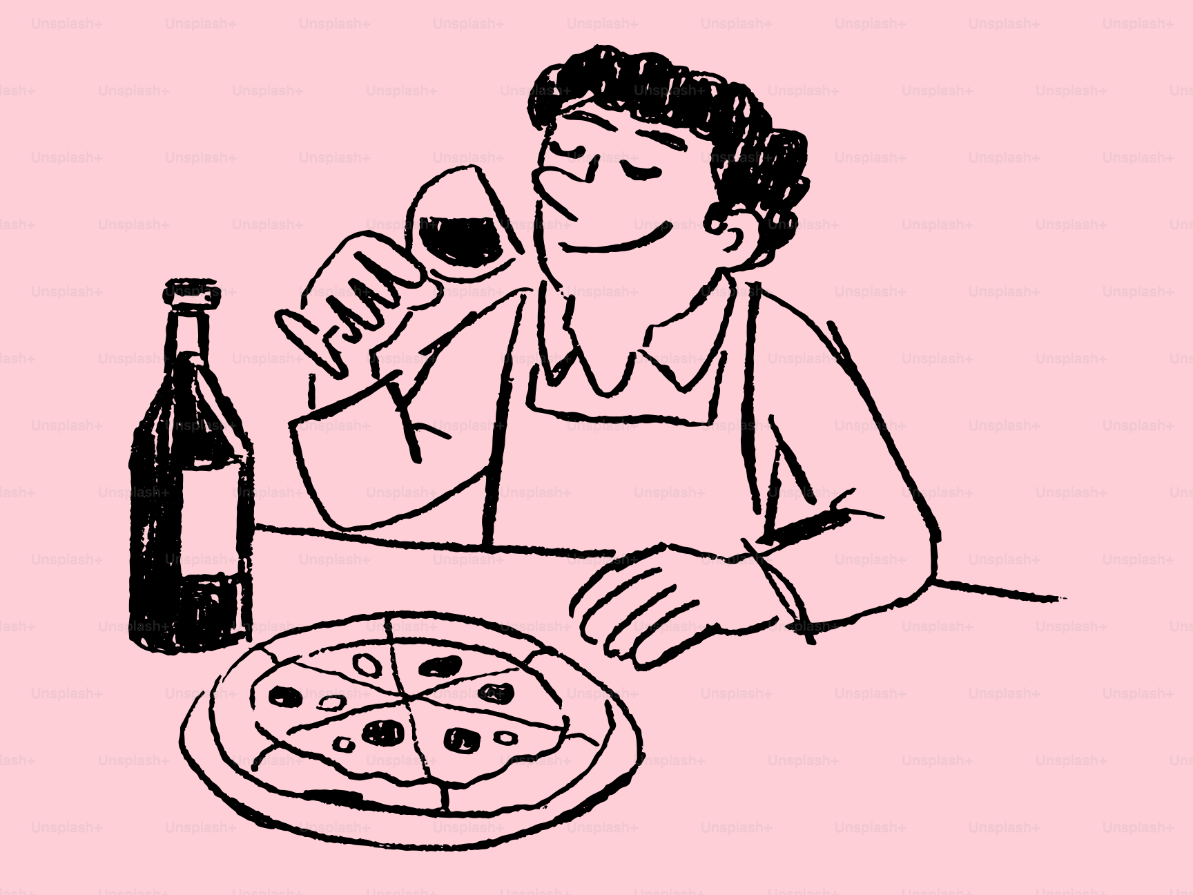 Un hombre disfrutando de vino y pizza en una mesa.
