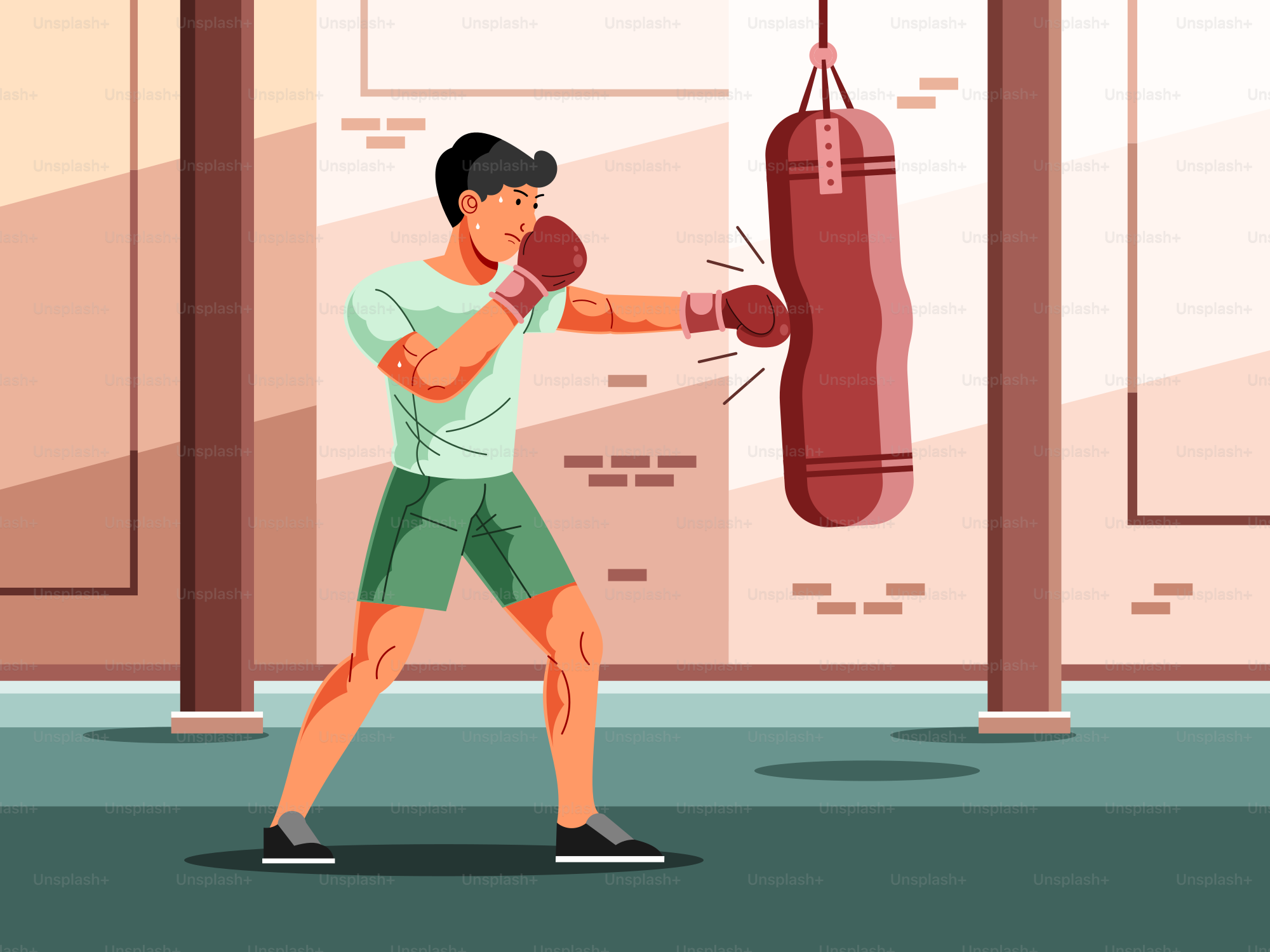 Hombre boxeando con un saco de boxeo en un gimnasio