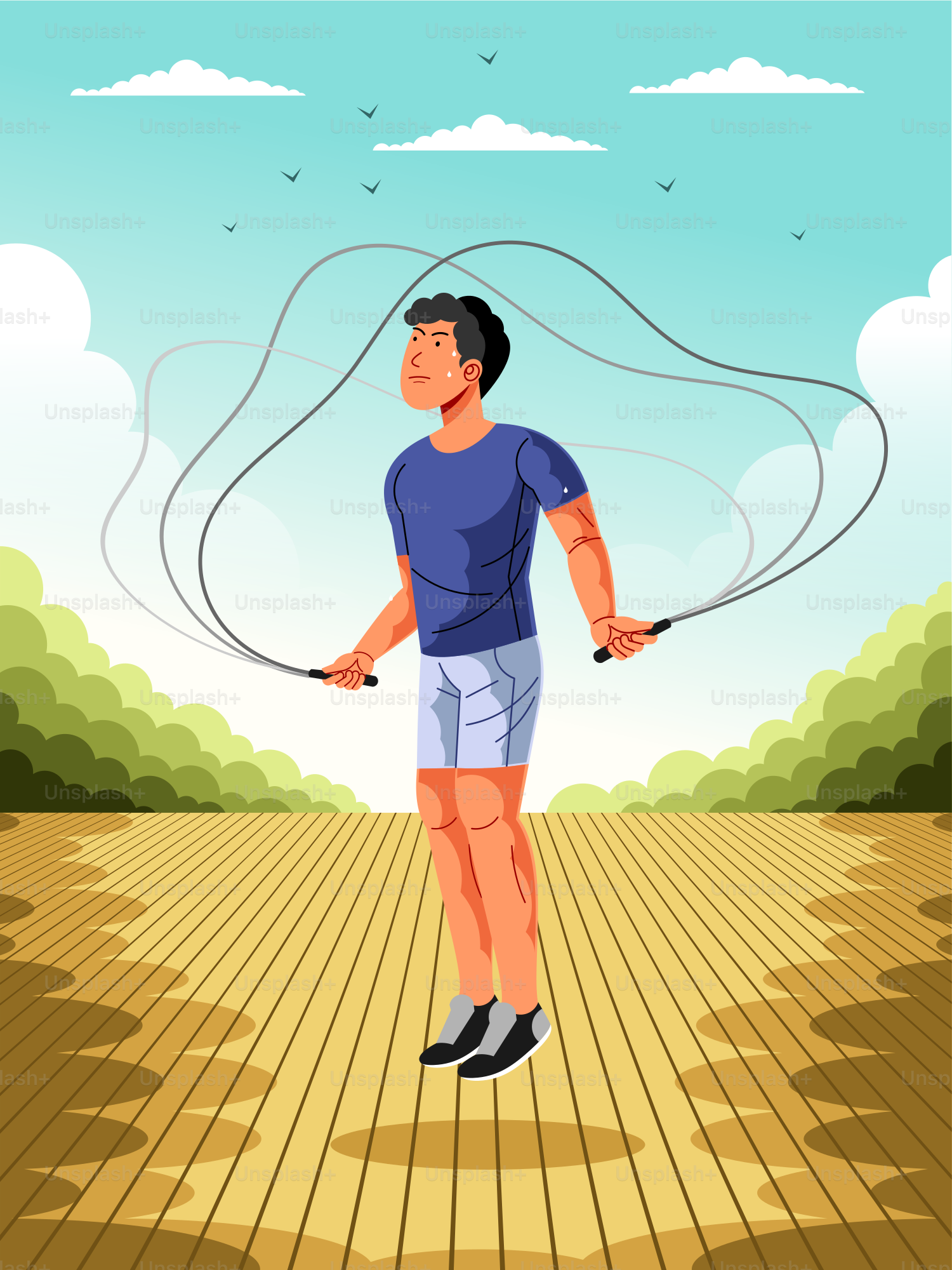 Mann springt draußen auf einem Holzdeck Seilspringen.