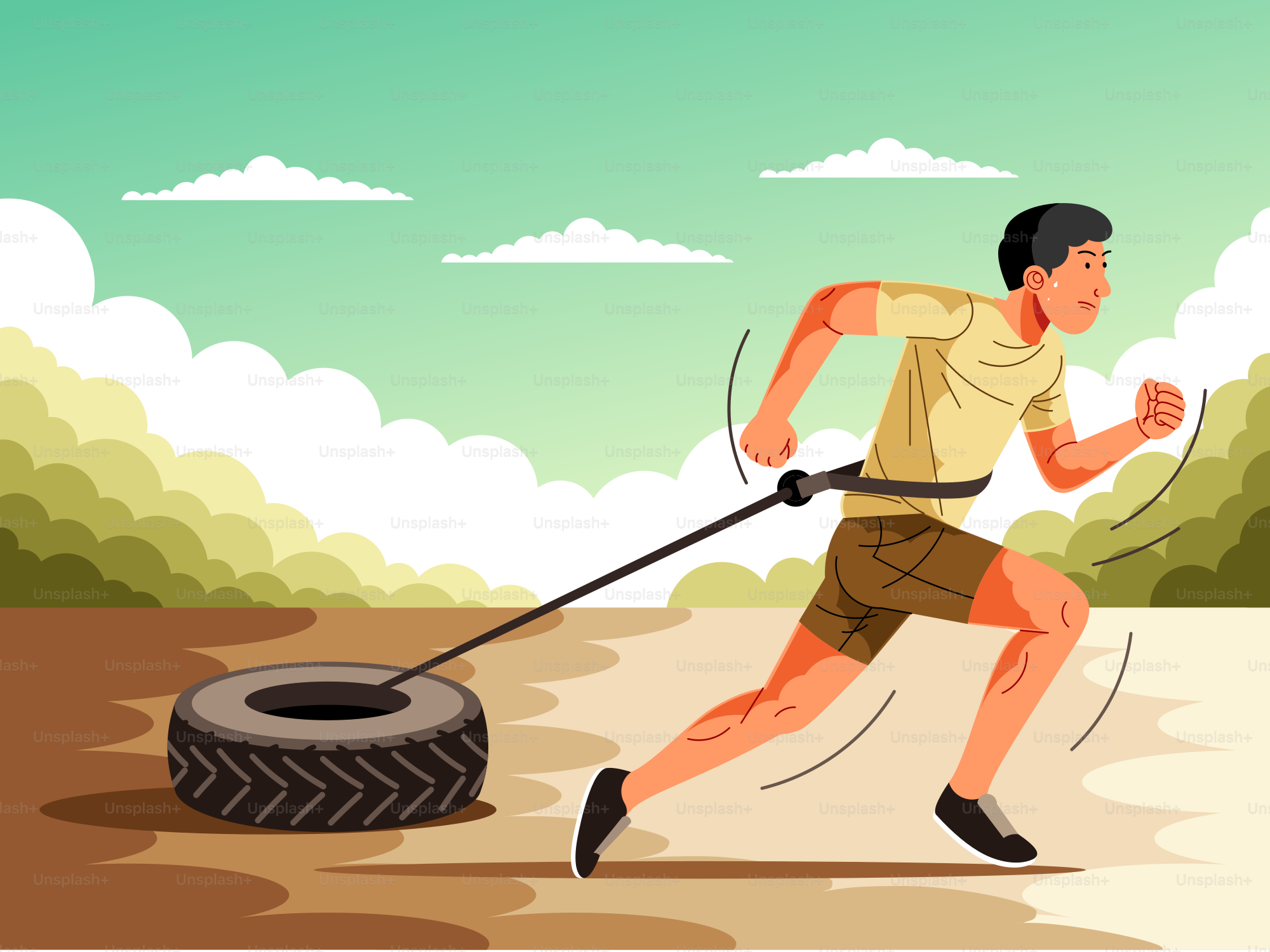 Man running while pulling a large tire outdoors.
