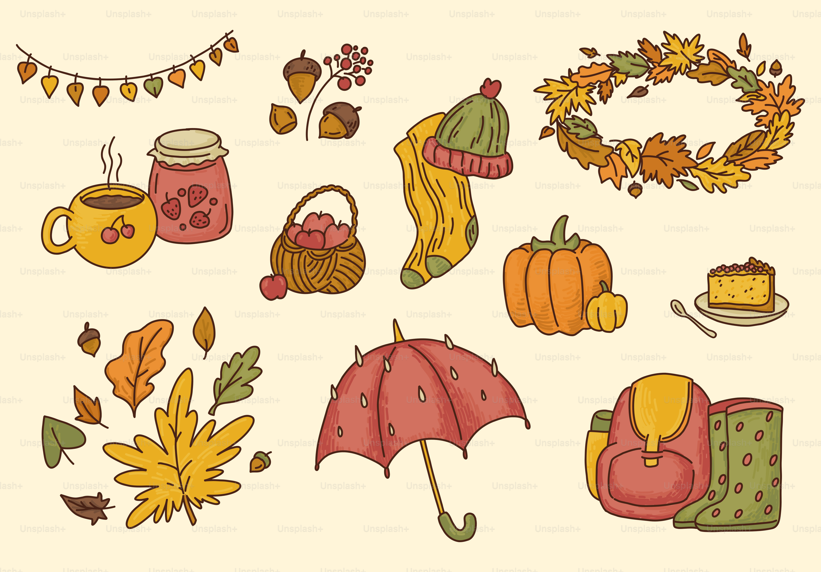 Objetos con temática otoñal como calabaza, hojas y bebida caliente