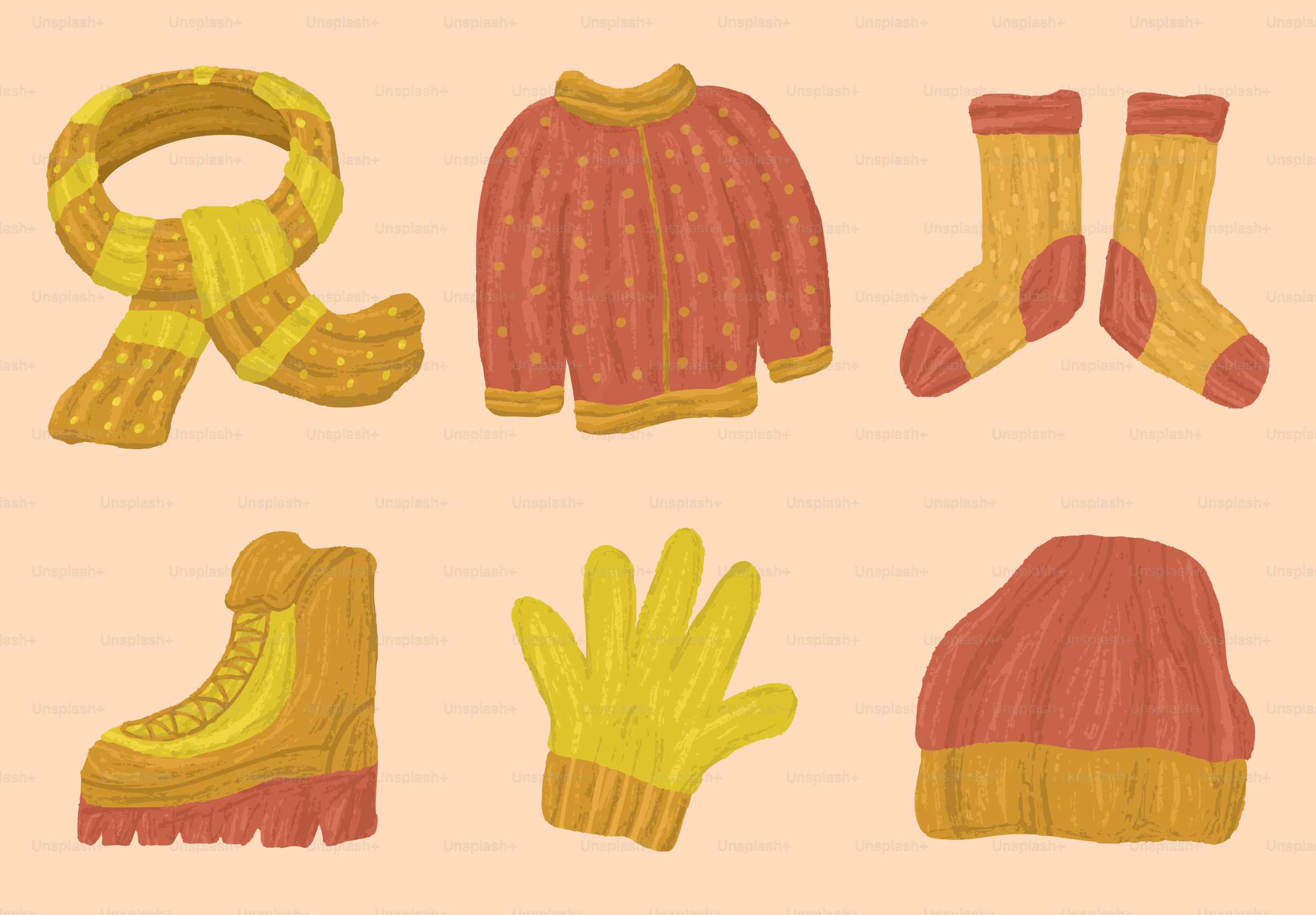 Winterkleidungsset: Schal, Pullover, Socken, Stiefel, Handschuh, Mütze