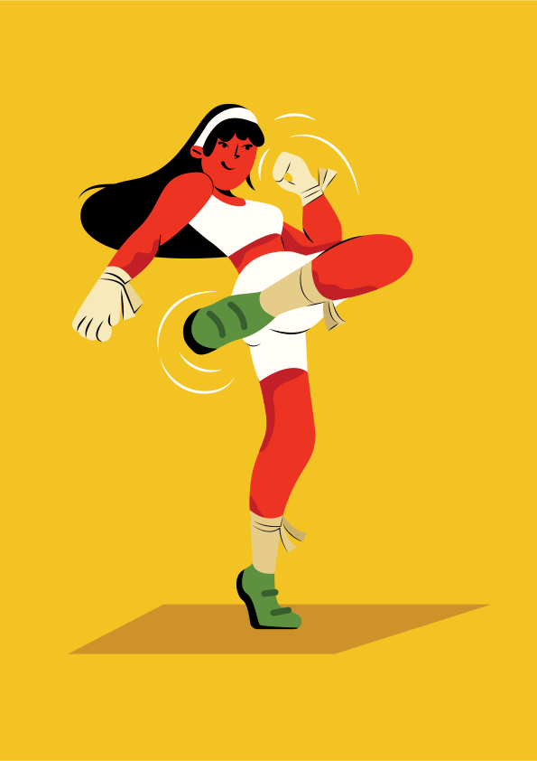 Uma mulher em trajes esportivos chuta a perna para a frente.