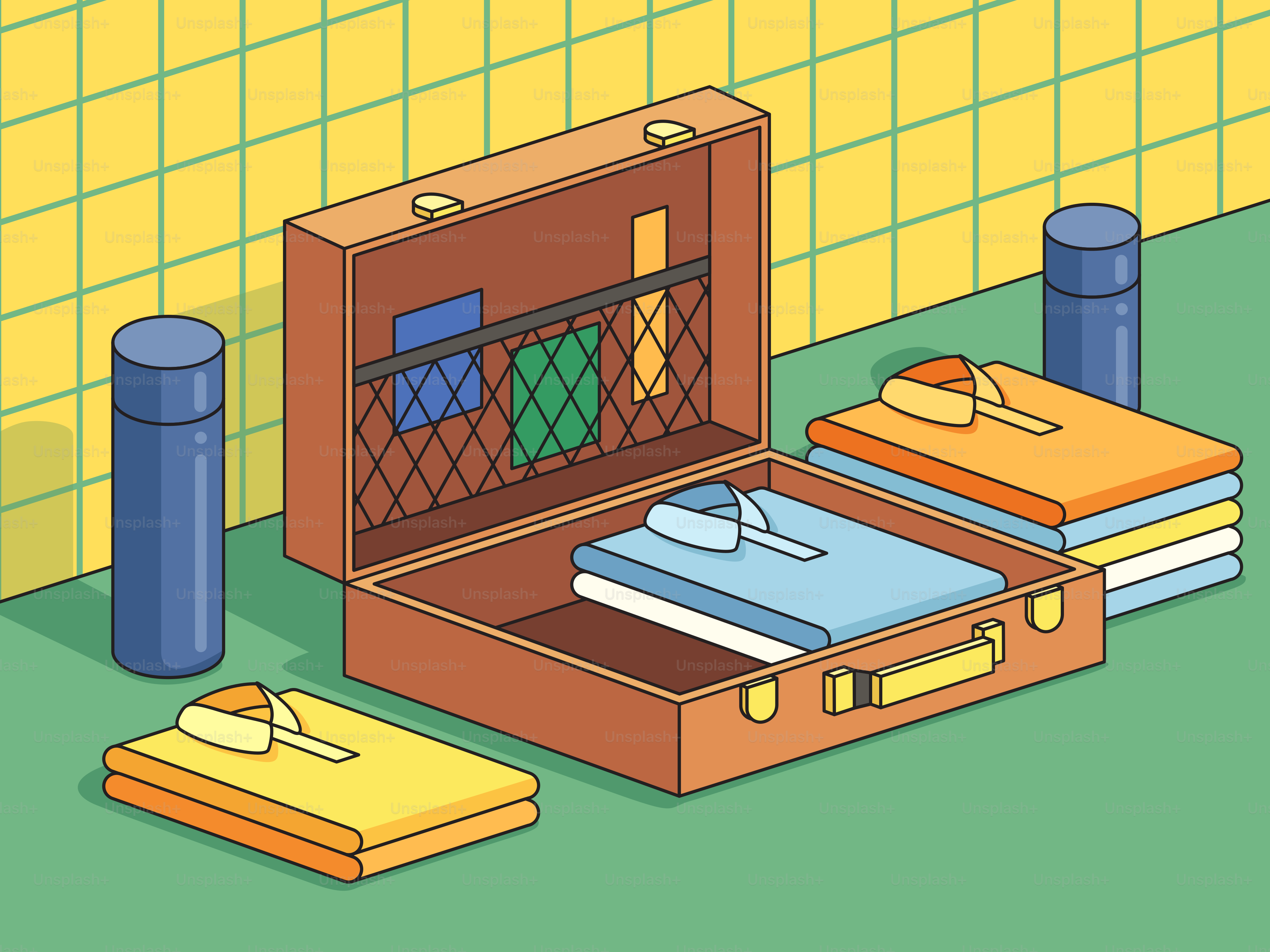 Suitcase open with folded clothes and toiletries