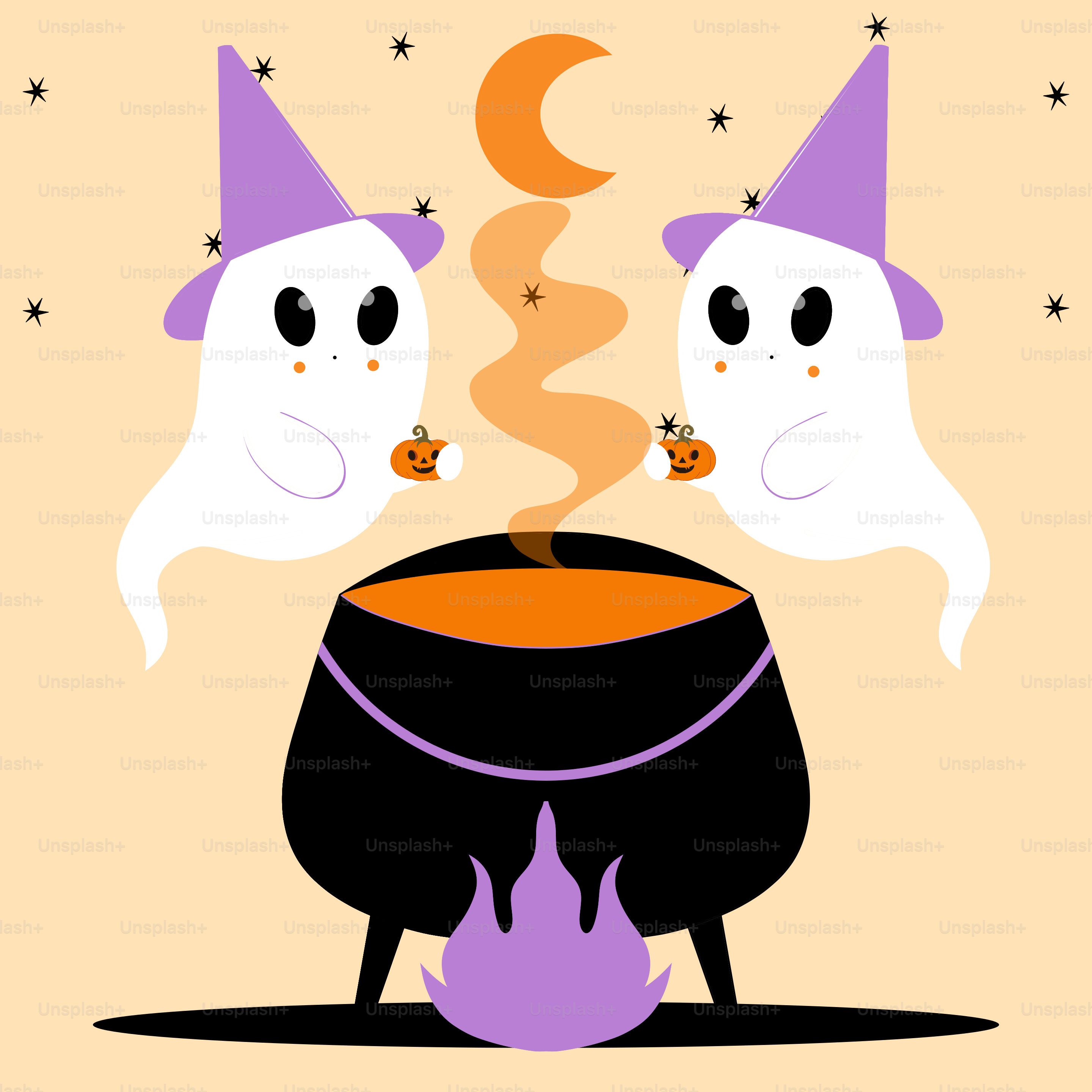 Two ghosts stirring a cauldron under a crescent moon.