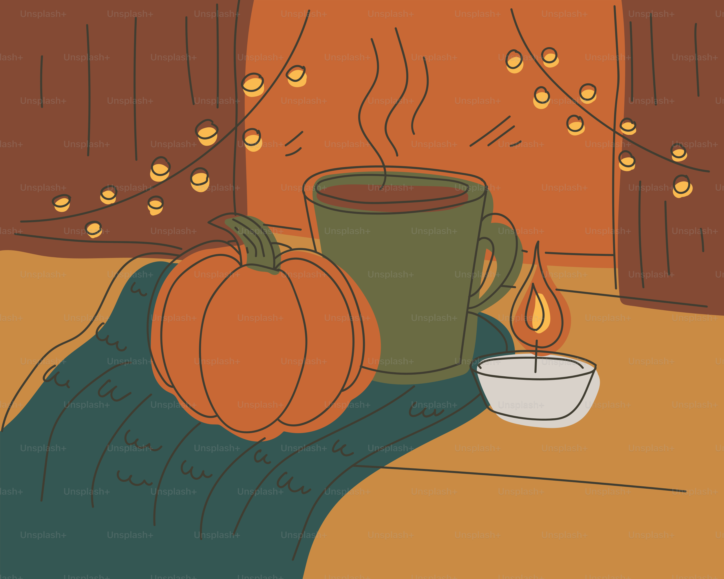 Cozy autumn scene with pumpkin, hot drink, and candle
