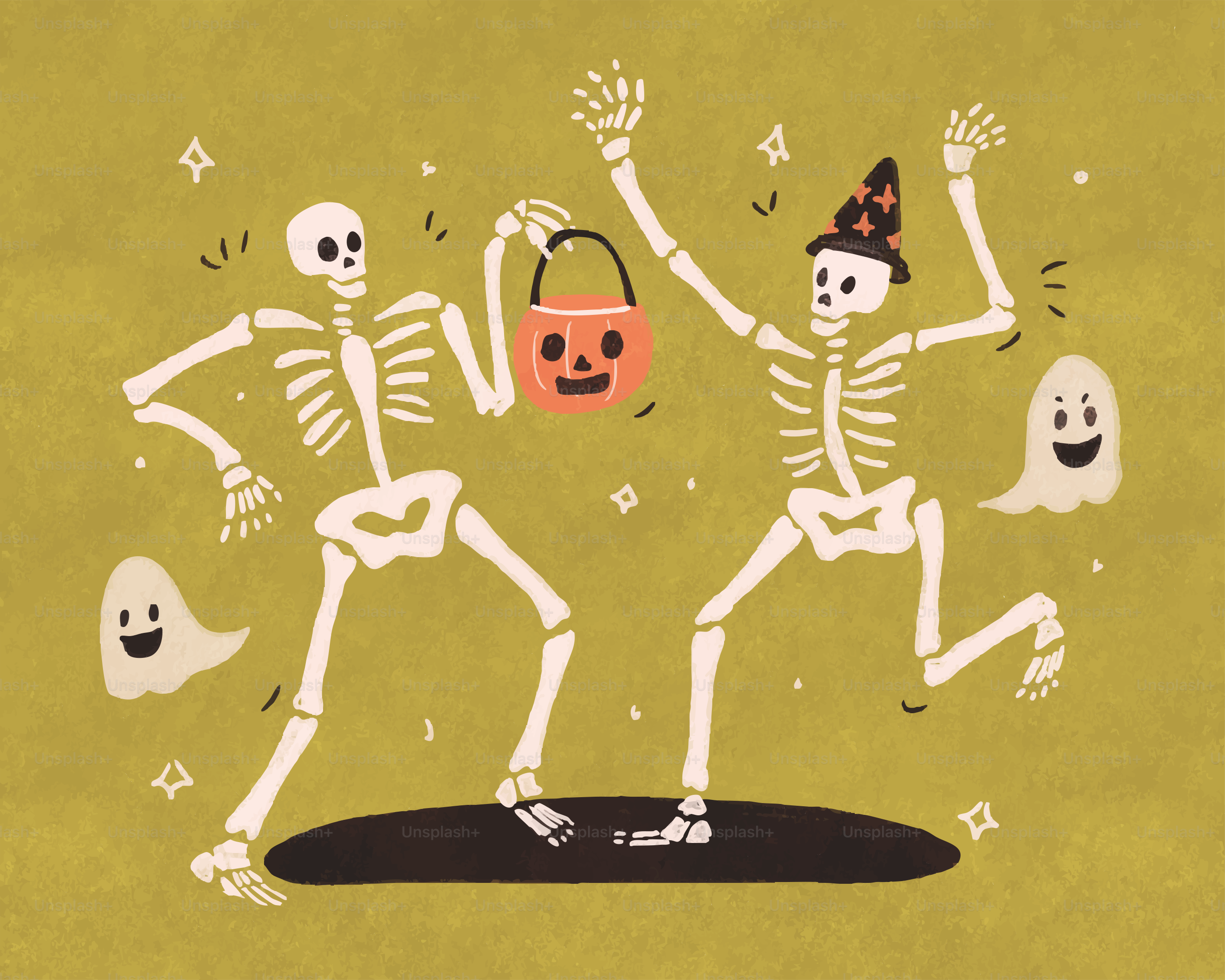 Two skeletons dancing with ghosts and candy bucket.