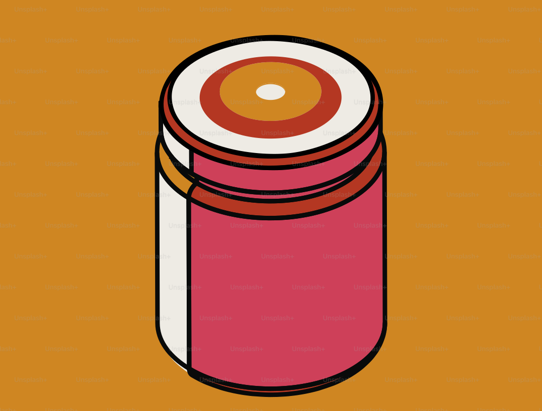 Um pote rosa com tampa colorida sobre fundo laranja