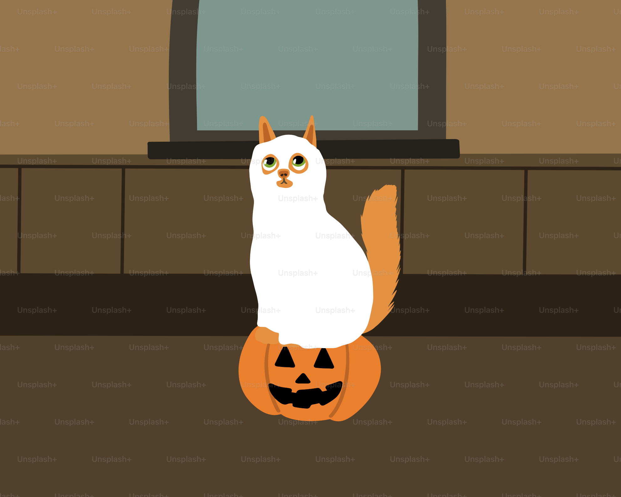 A white cat sits on a jack-o'-lantern.