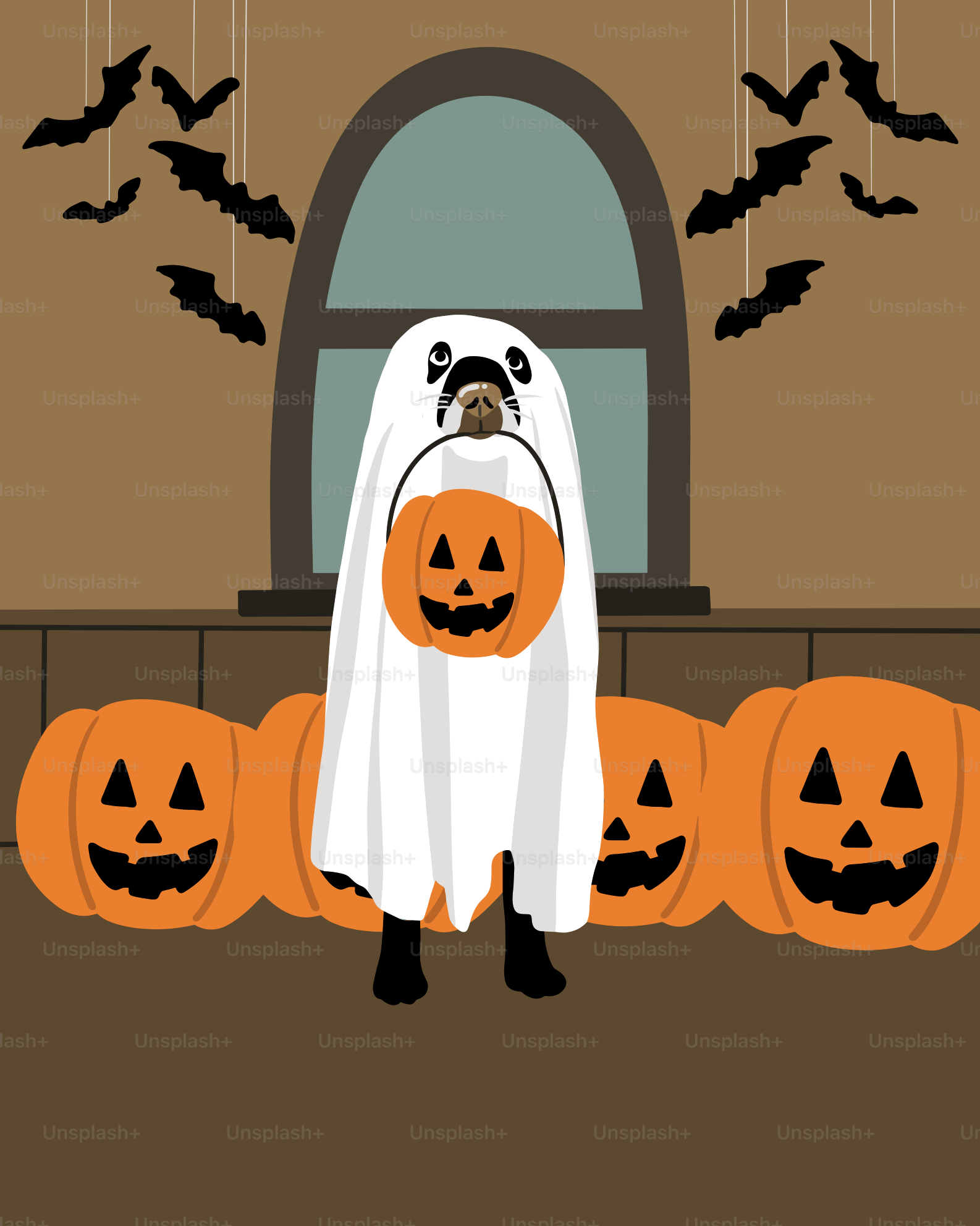 Dog in ghost costume holding pumpkin bucket with pumpkins