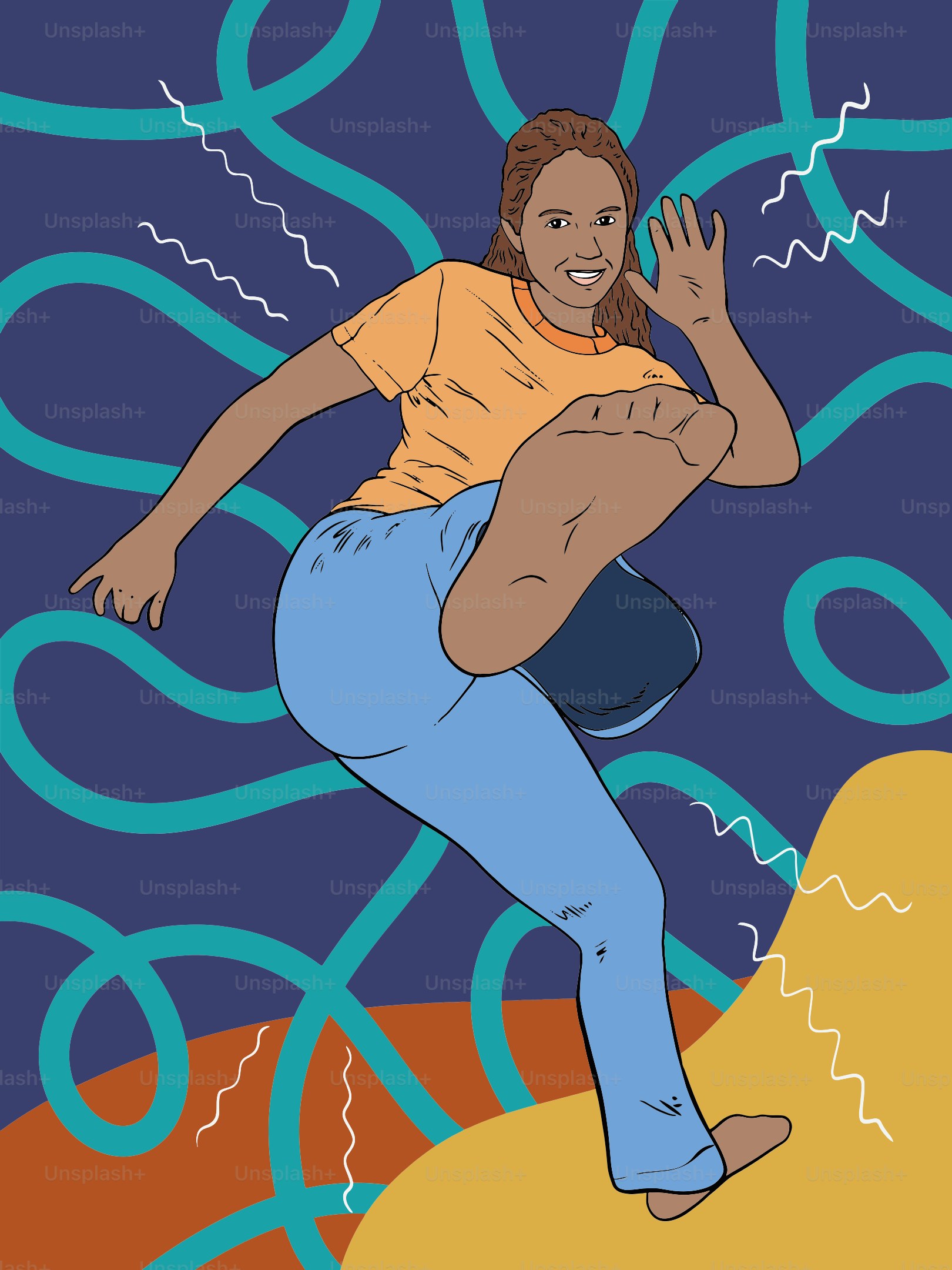 Woman in orange shirt kicking with blue background
