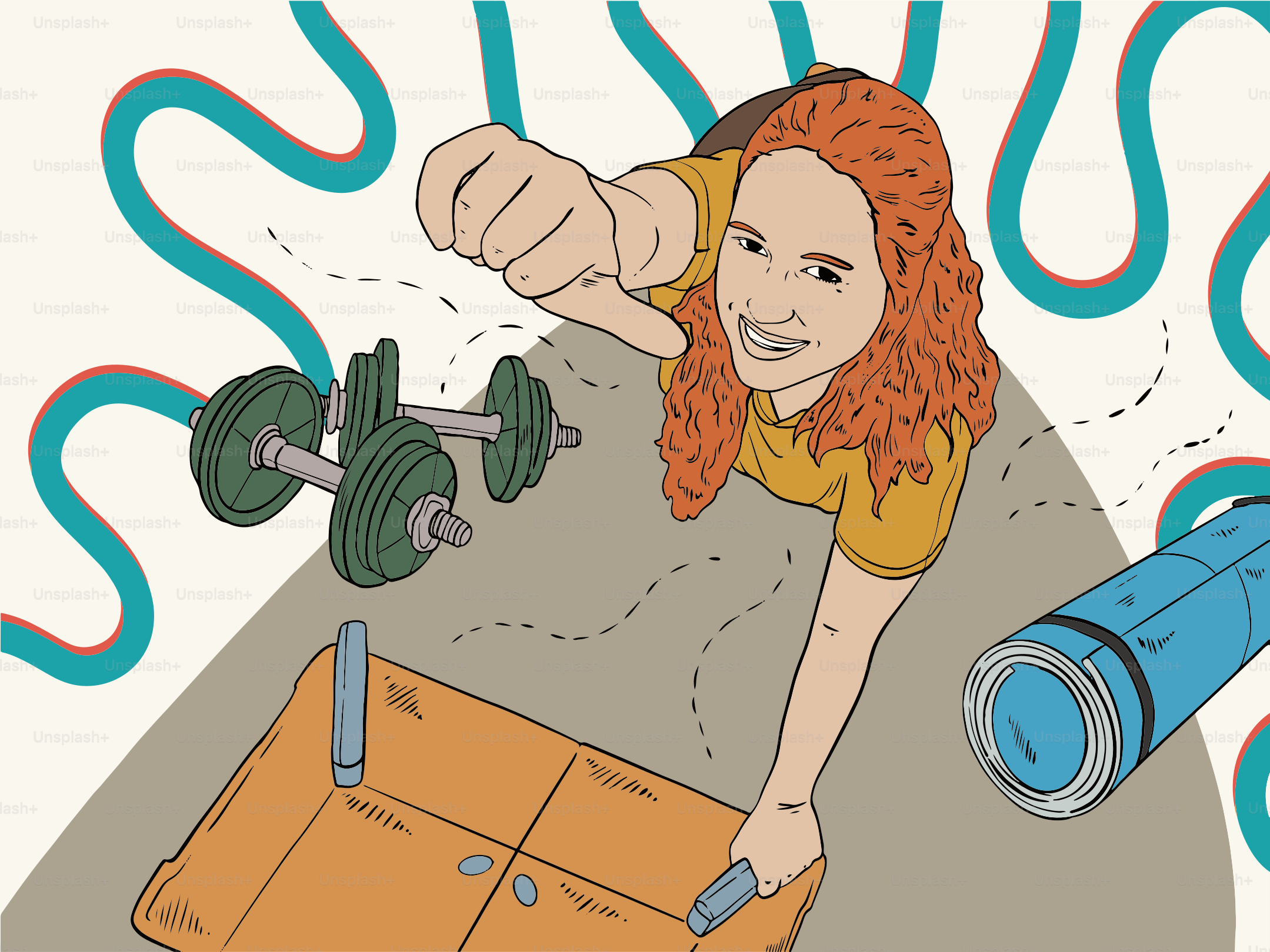 Frau mit Hanteln und Yogamatte