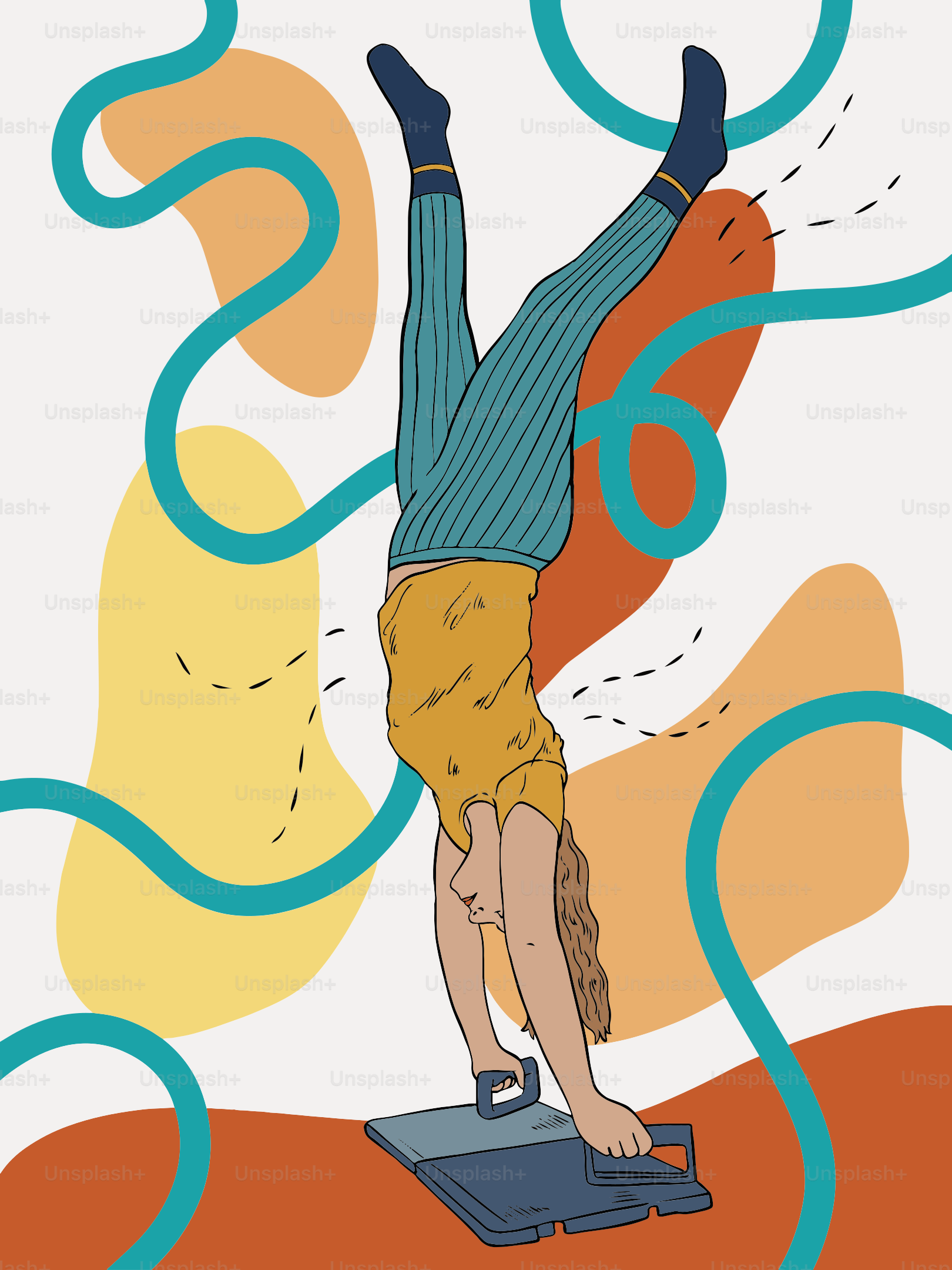 Person doing a handstand on a mat with abstract shapes.