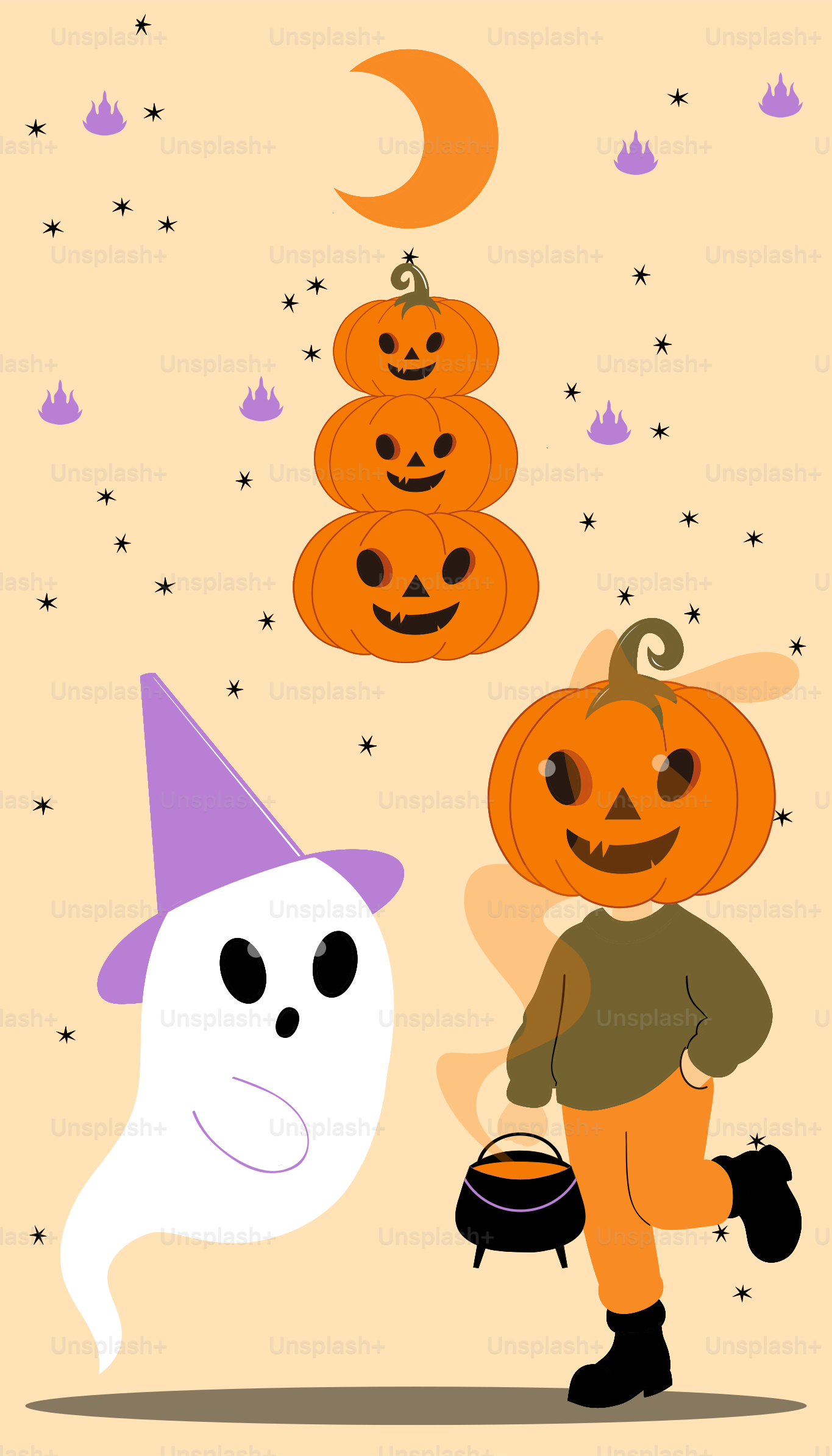 Halloween-Charaktere mit Kürbissen, Geistern und Mond.