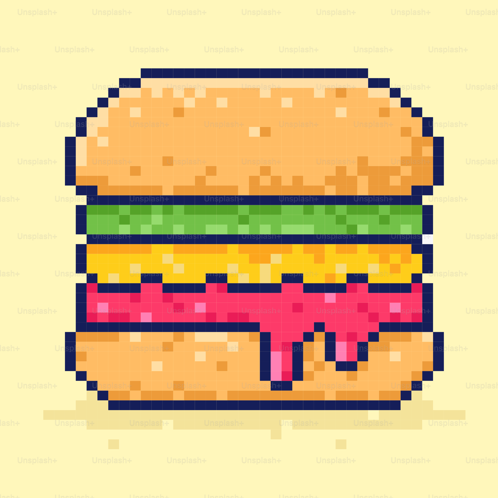 Pixel art hamburger with dripping sauce.