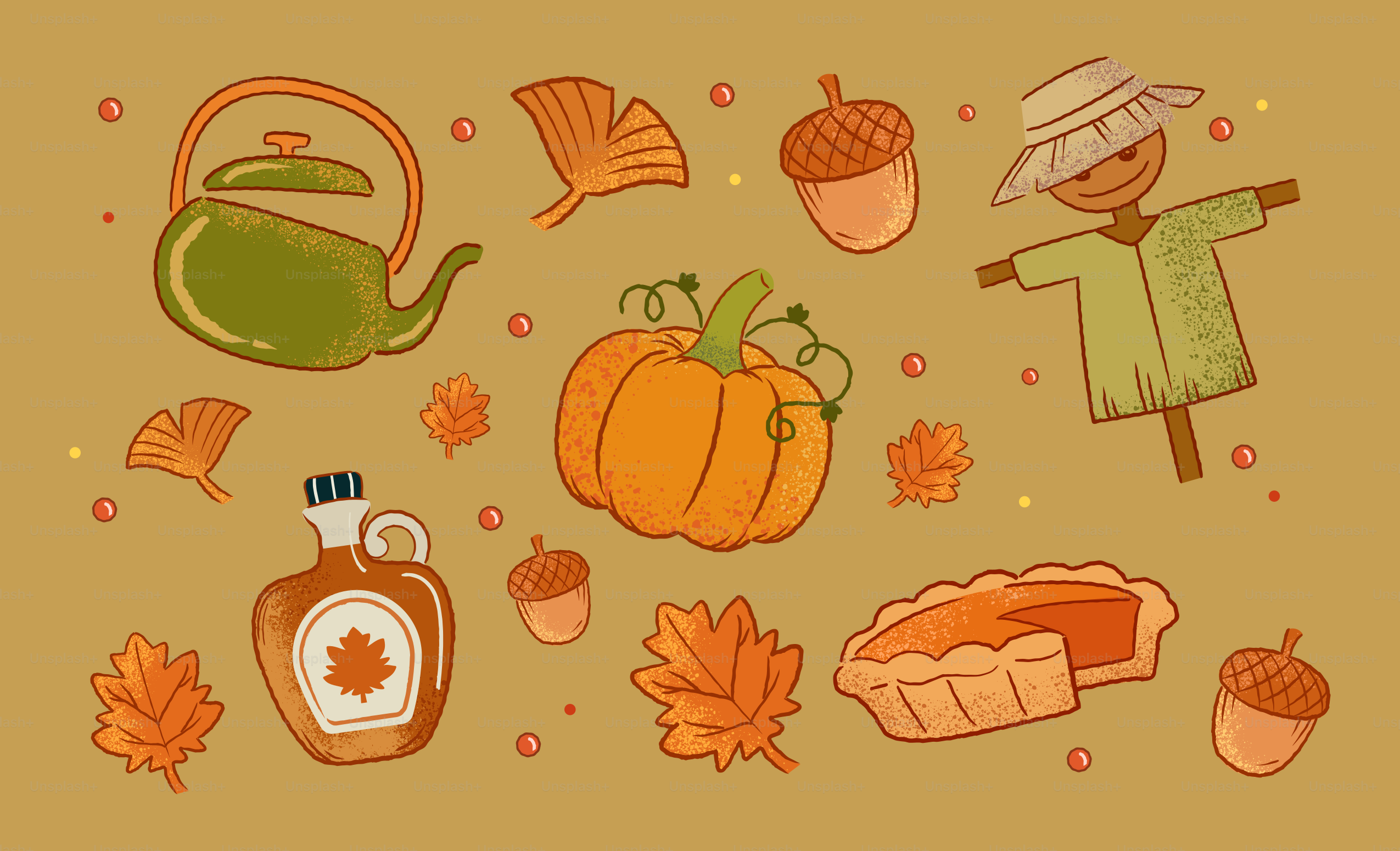 Elementos de la cosecha de otoño que incluyen calabaza, pastel y espantapájaros.