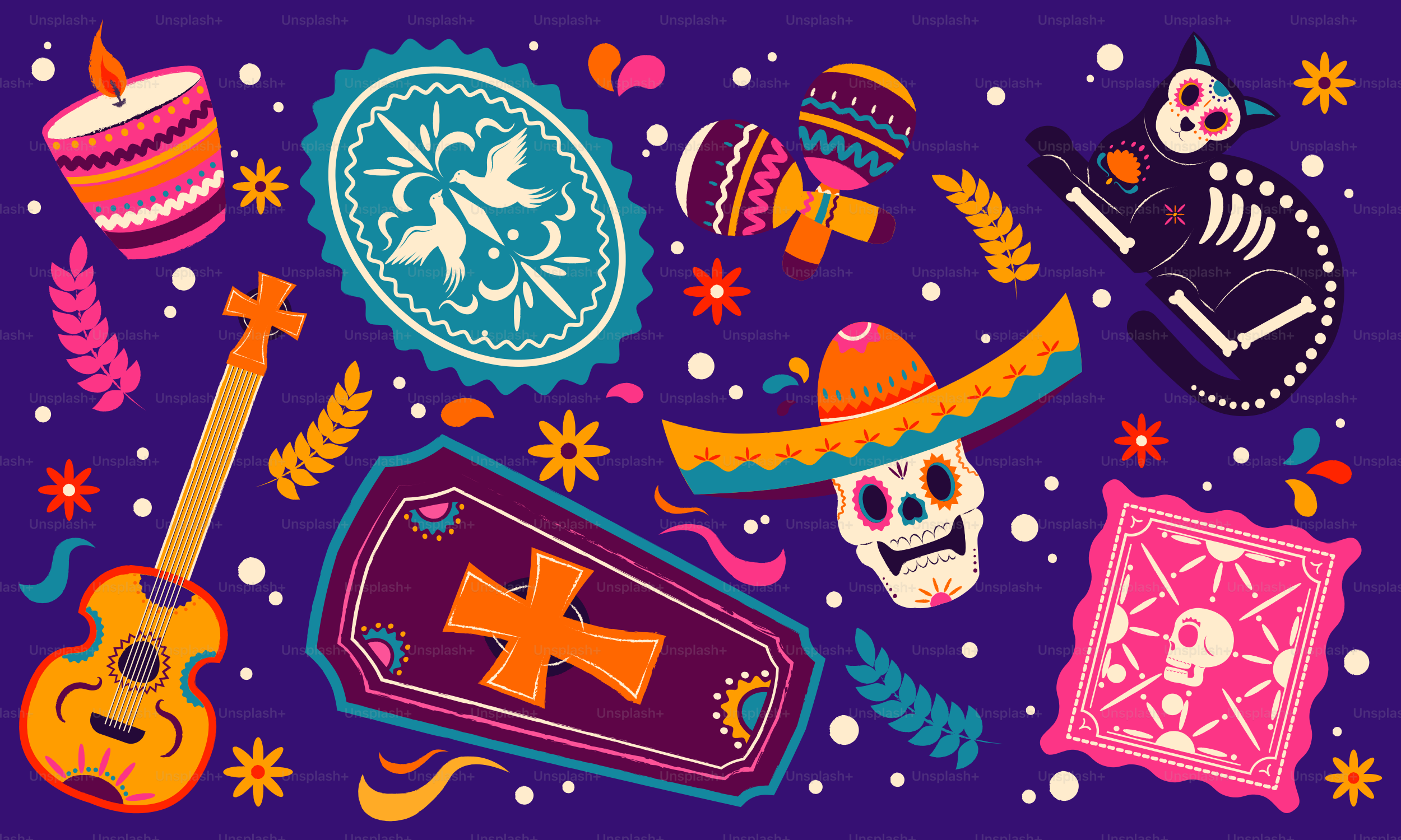 Day of the dead celebration elements on purple background