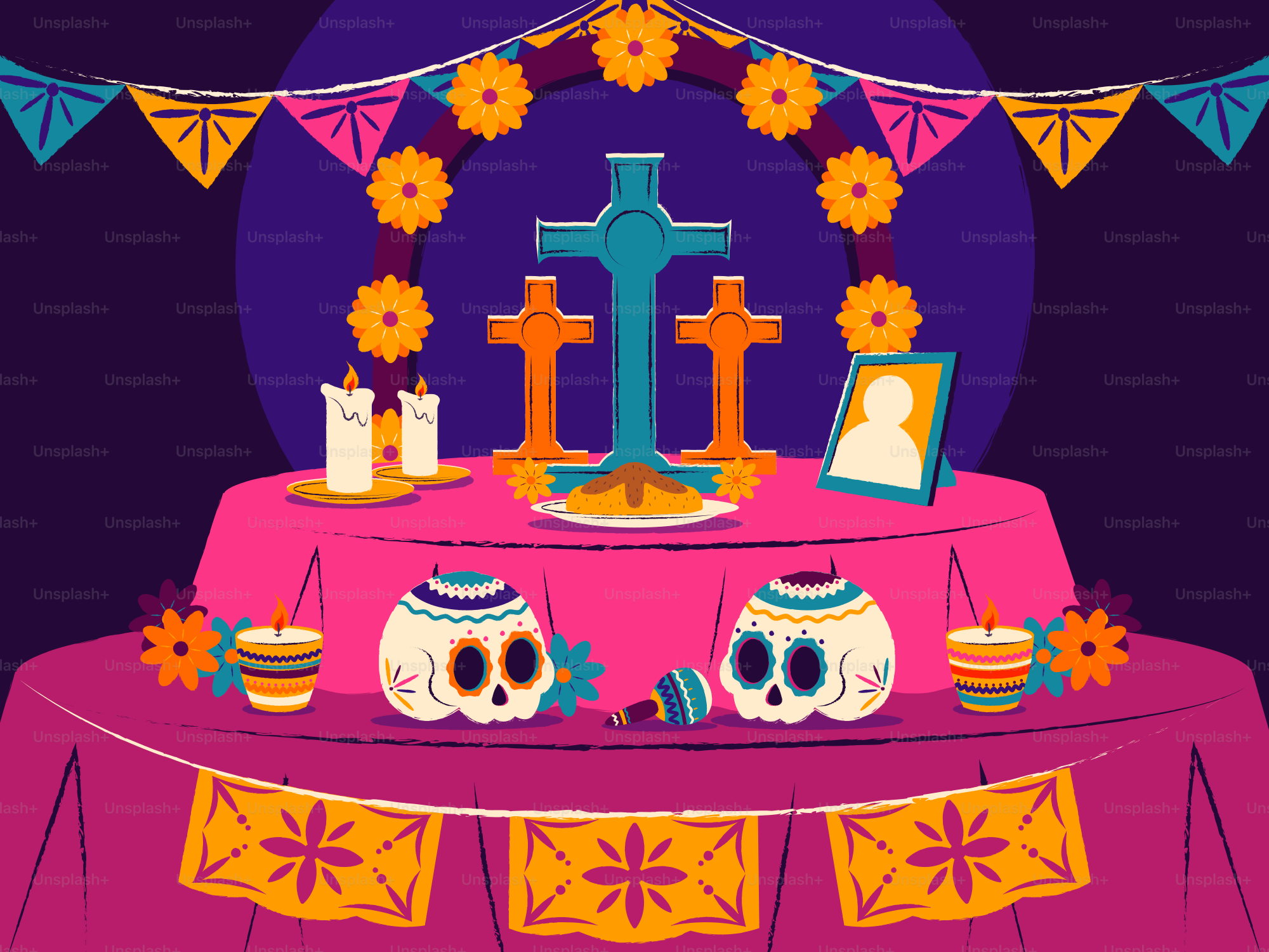 Day of the dead altar with skulls and candles