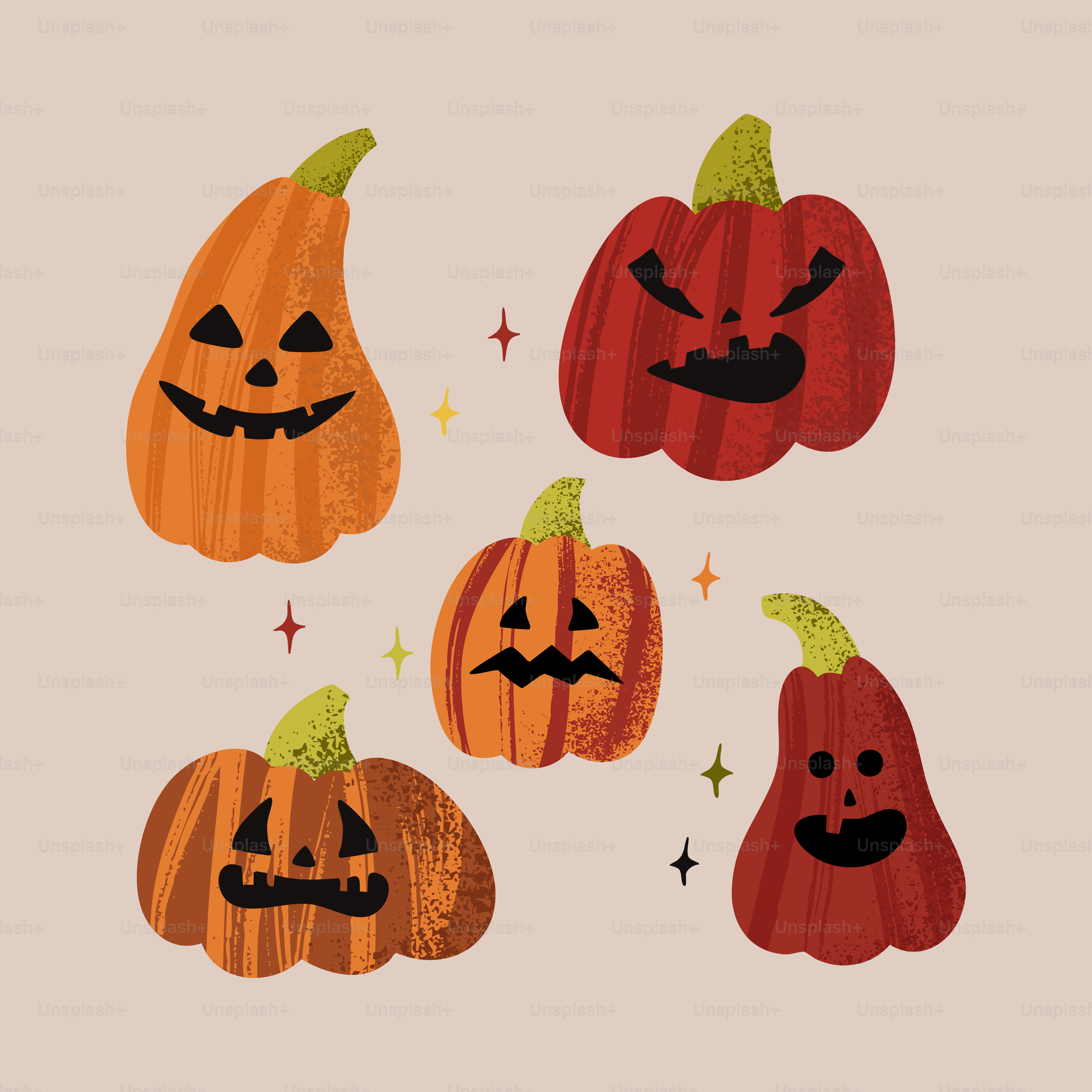 Five carved halloween pumpkins with sparkling lights.