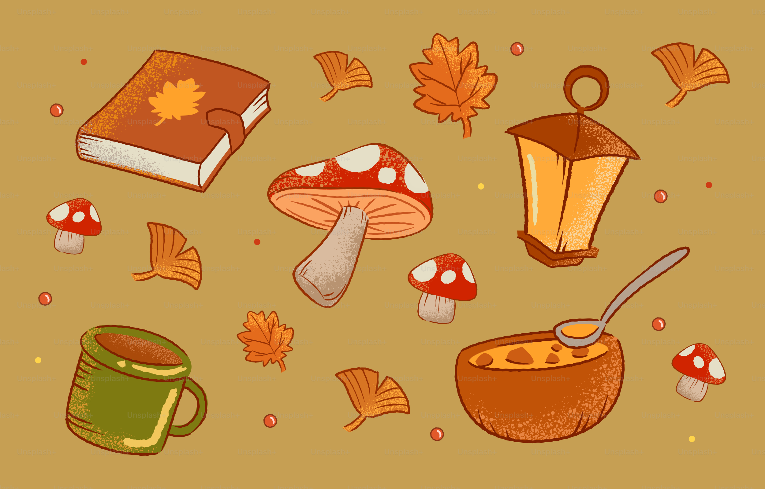 Autumnal objects including a book, lantern, mushrooms, and soup.