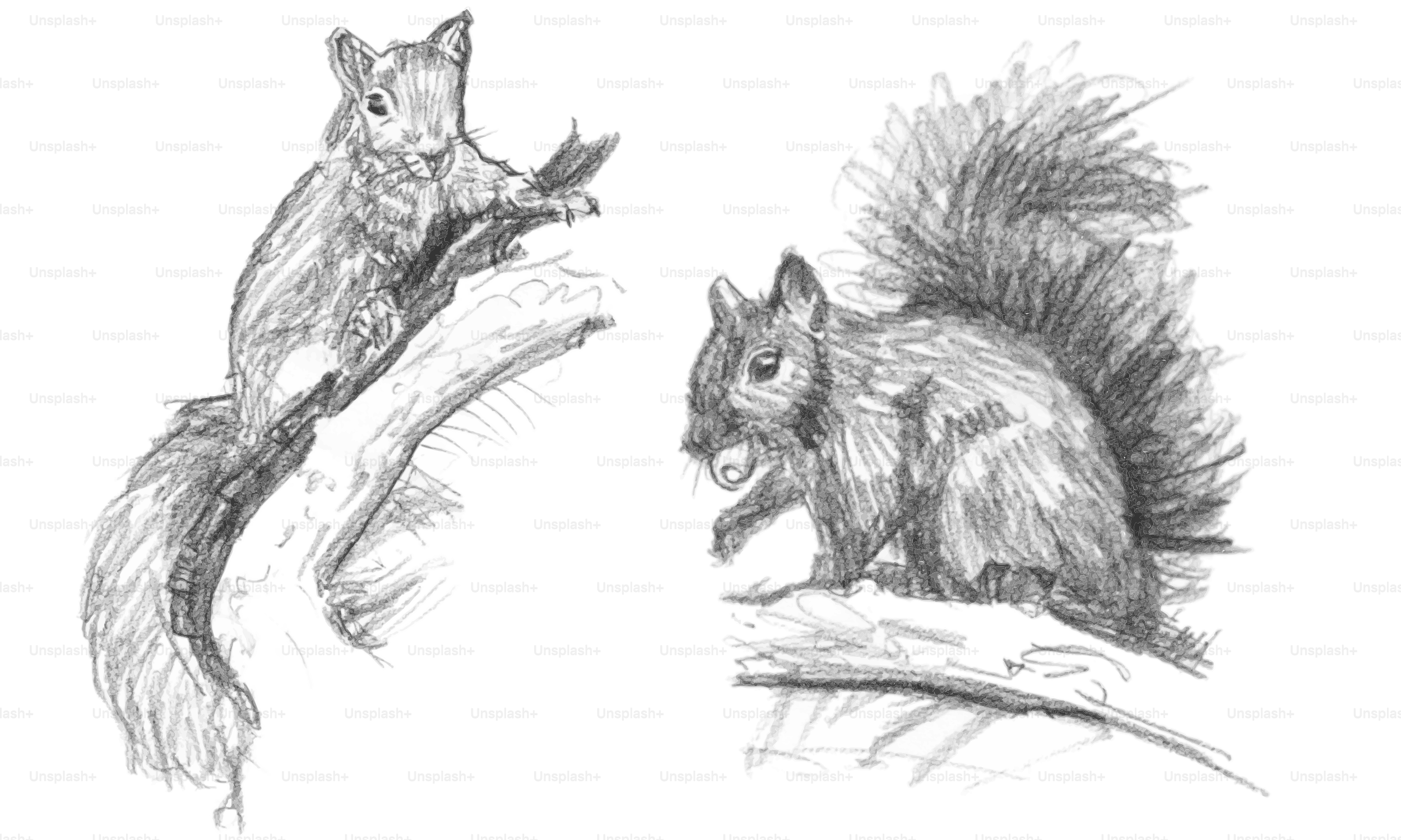 Two squirrels drawn in pencil on a white background.