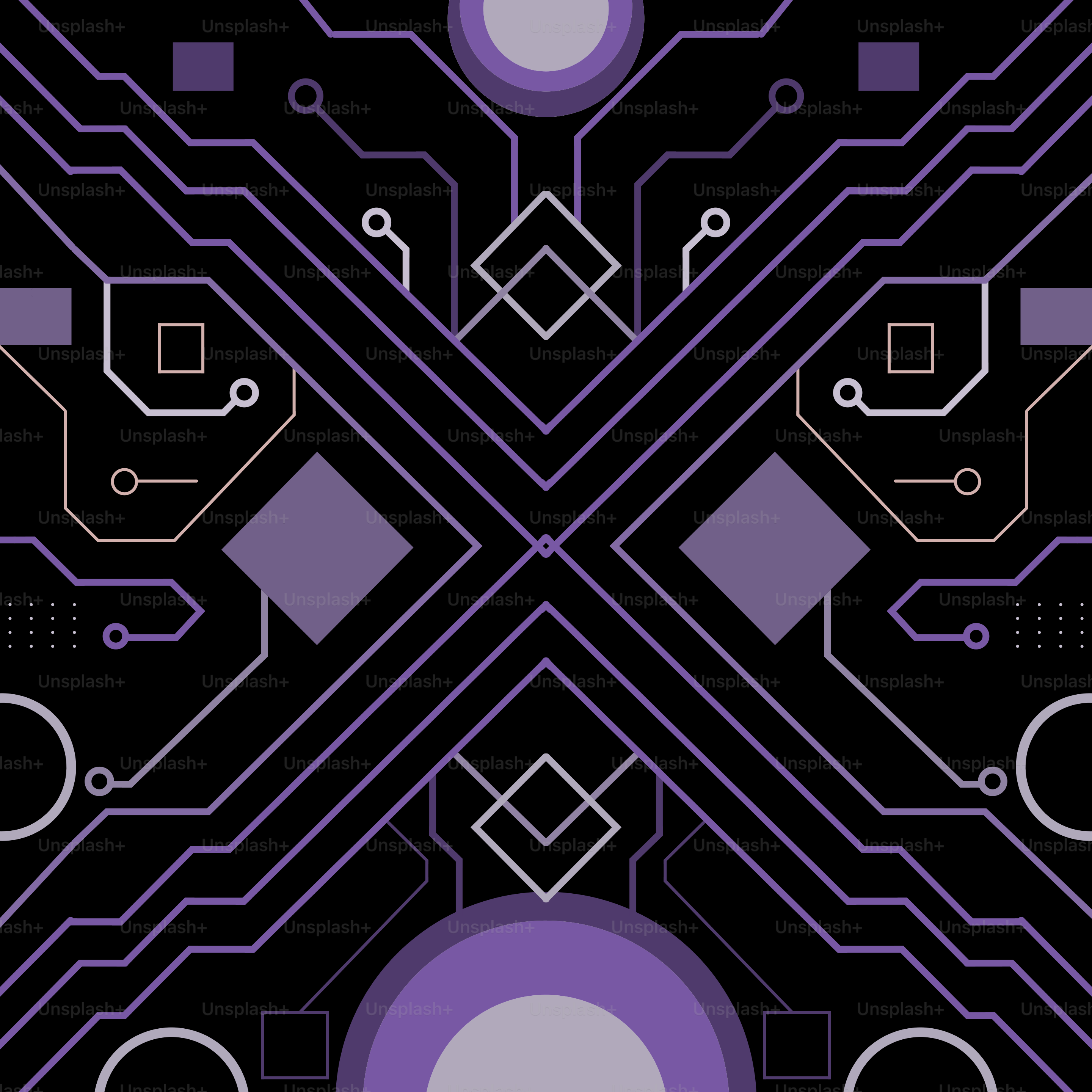 Padrão tecnológico abstrato com circuitos roxos e cinza.