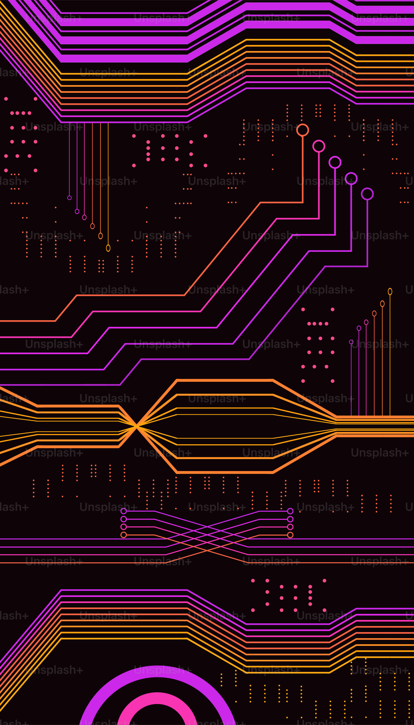 Abstrakte Leiterplatte mit violetten und orangefarbenen Linien