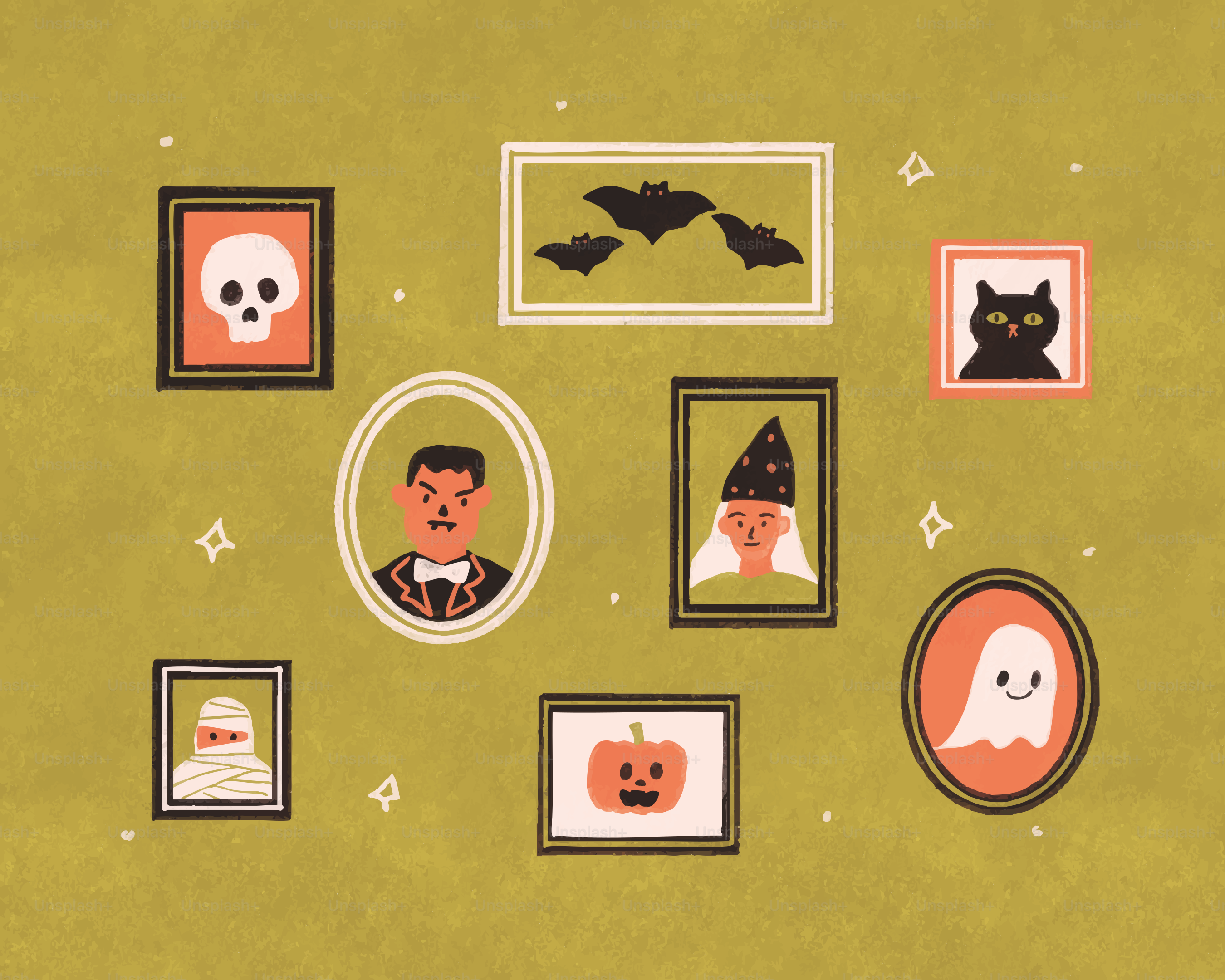 Retratos temáticos de Halloween en varios marcos en la pared.